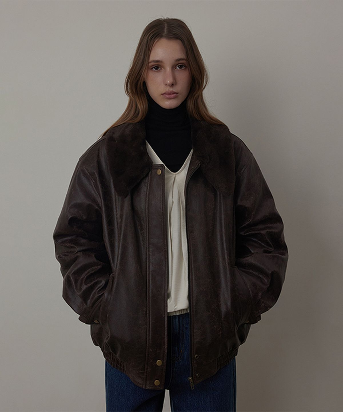 퀸스래빗(Q'SRB) Mink Eco-fur Collared Quilting Leather Jacket_Jumper