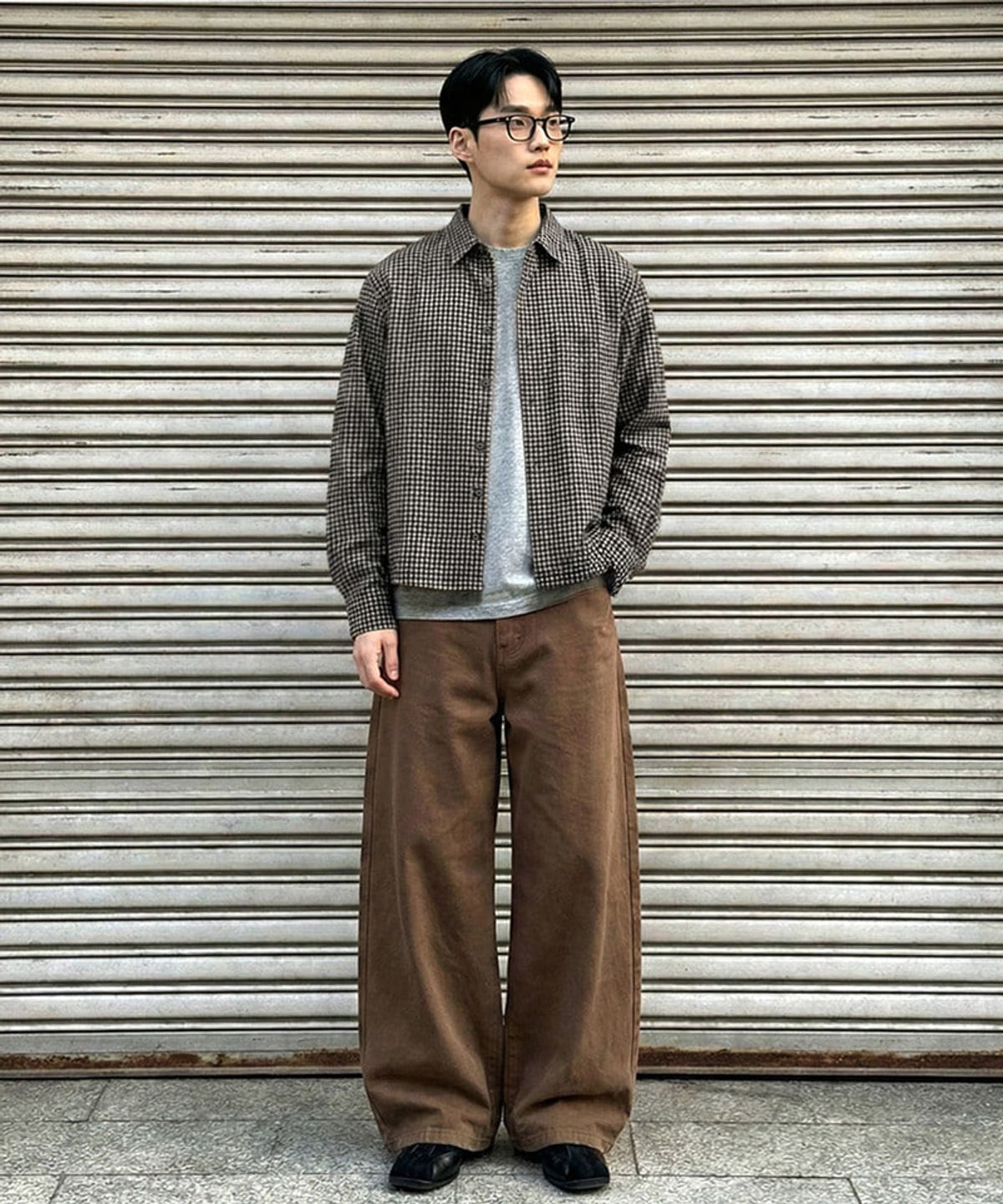 언더오프(UNDEROFF) 크롭 체크 긴팔 셔츠 블랙
