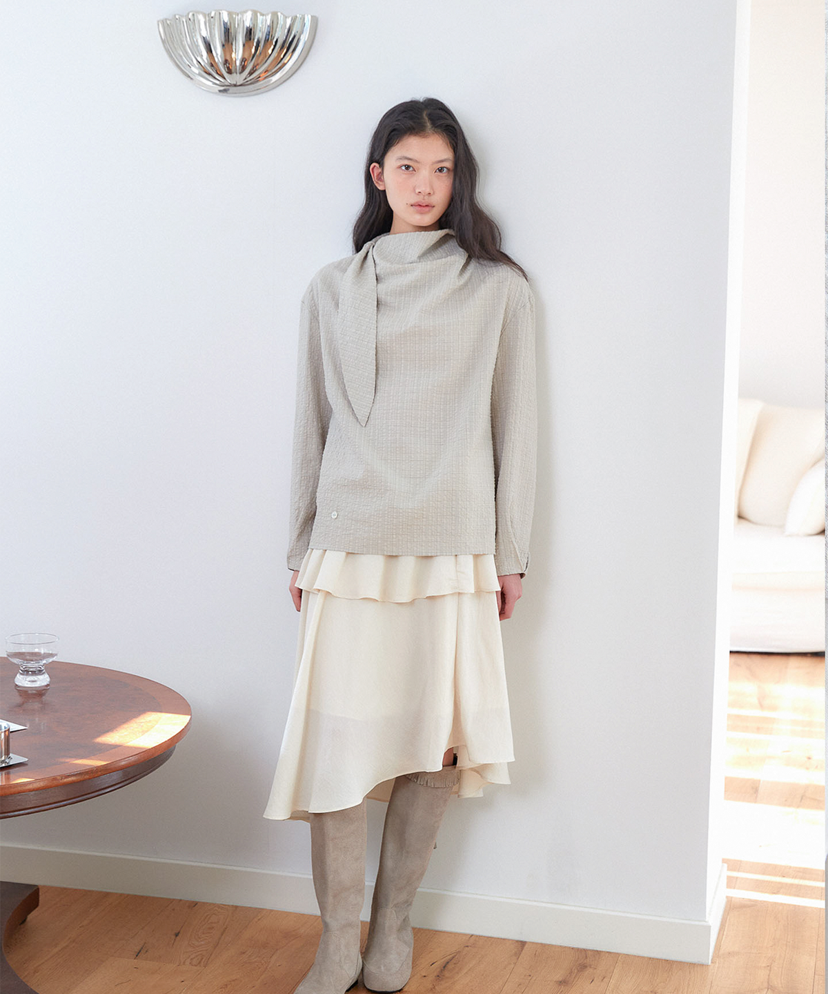 아우로(OURO) SHEER FRILL SKIRT [ CREAM ]
