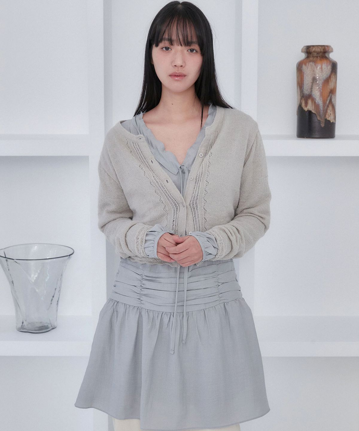 아우로(OURO) RIBBON SHIRRING ONE PIECE DRESS [ PALE BLUE ]