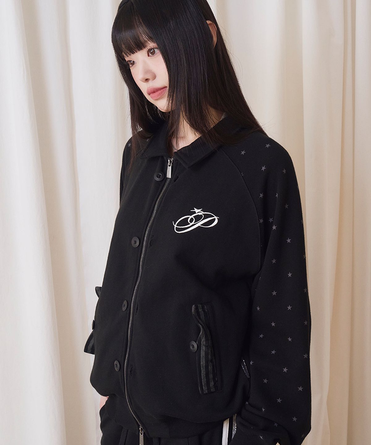 프렌다(PRENDA) BUTTON STAR DOT SWEAT ZIP UP JAKET BLACK