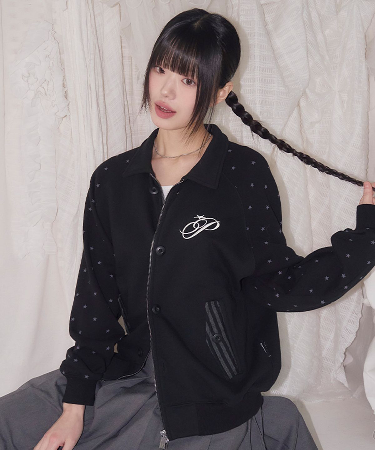프렌다(PRENDA) BUTTON STAR DOT SWEAT ZIP UP JAKET BLACK