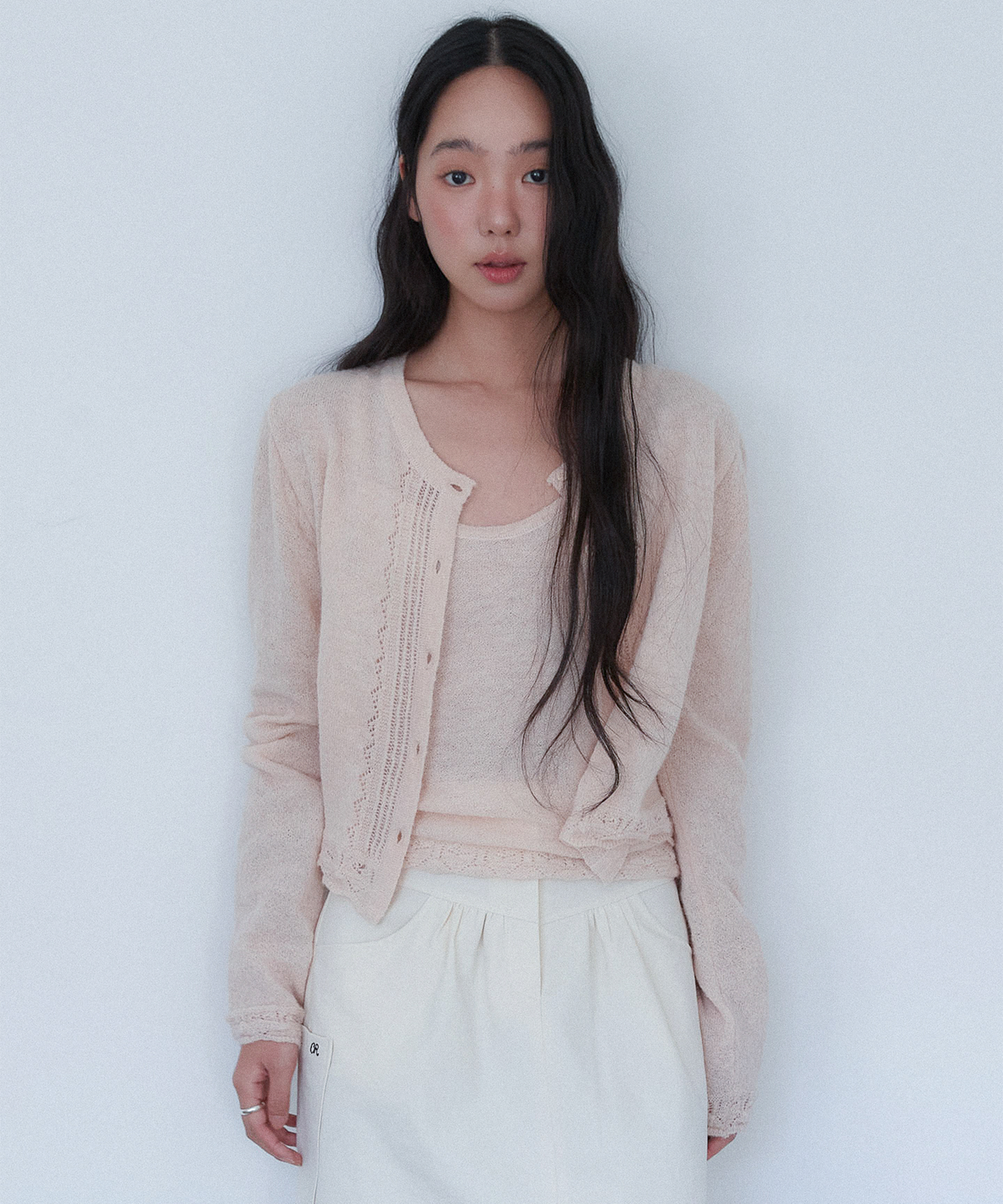 아우로(OURO) FRILL CROCHET LAYERED CARDIGAN [ PINK ]