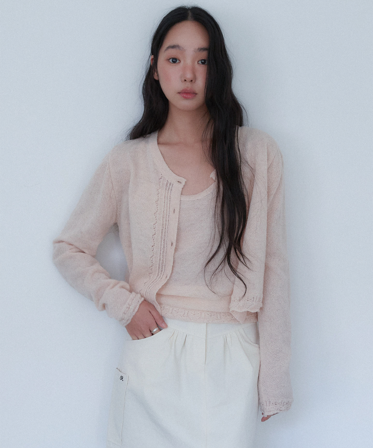 아우로(OURO) FRILL CROCHET LAYERED CARDIGAN [ PINK ]