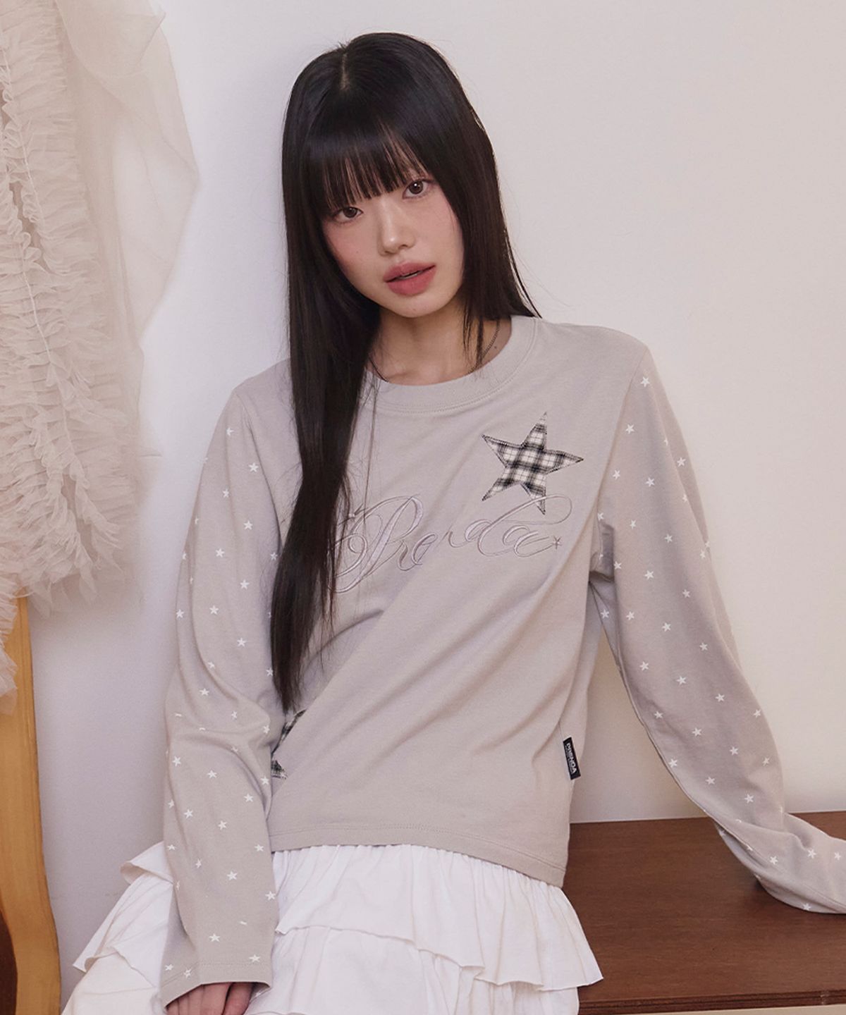 프렌다(PRENDA) CHECK STAR DOT LONG SLEEVE GRAY