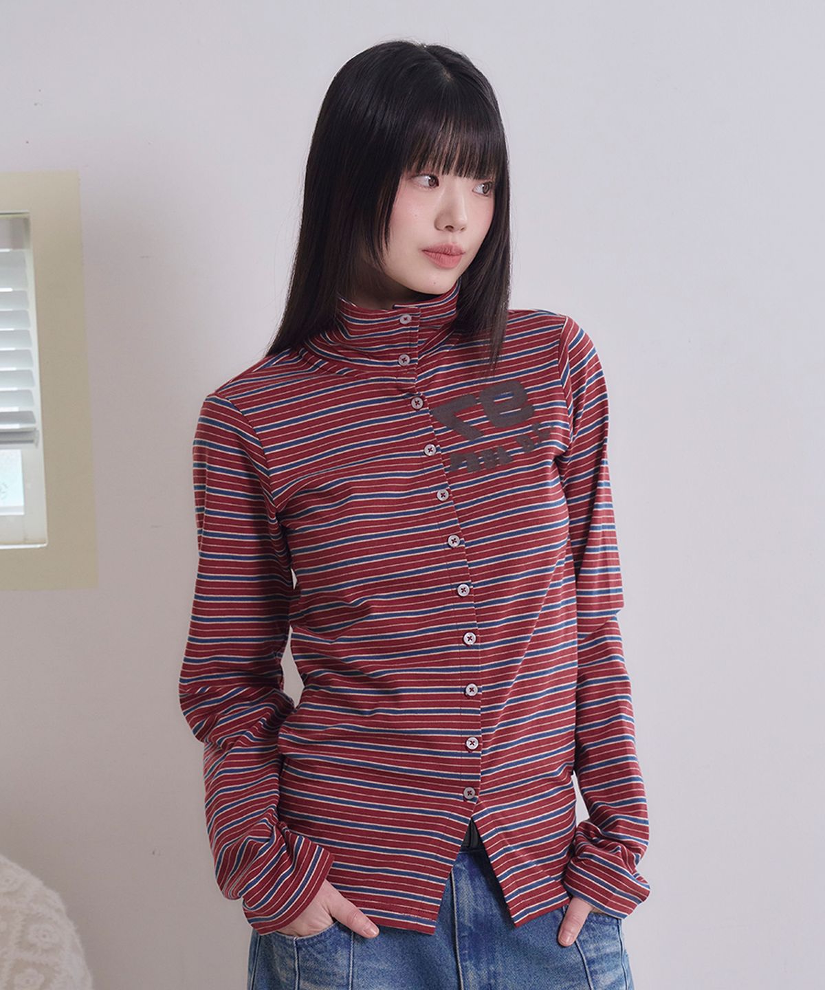 프렌다(PRENDA) 97 LOGO STRIPE HIGH NECK CARDIGAN BROWN