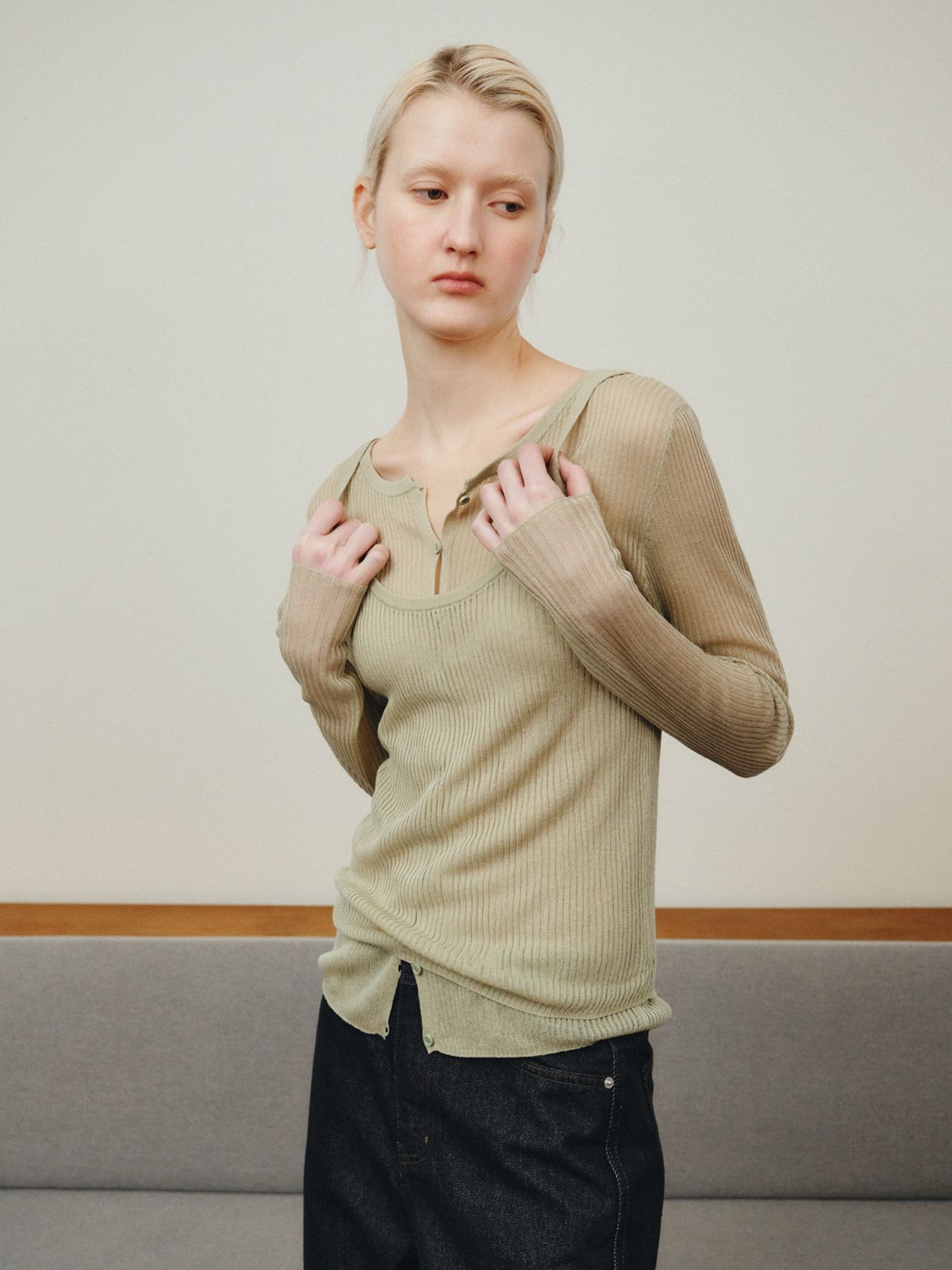 리플레인(REPLAIN) RIBBED LAYERED CARDIGAN SET_GREEN
