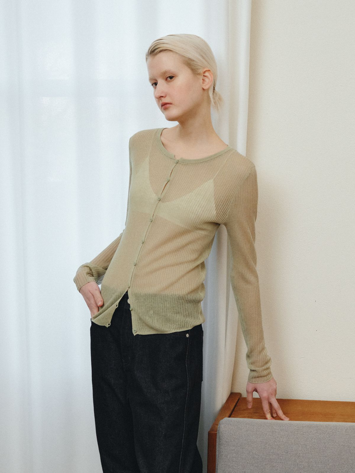 리플레인(REPLAIN) RIBBED LAYERED CARDIGAN SET_GREEN