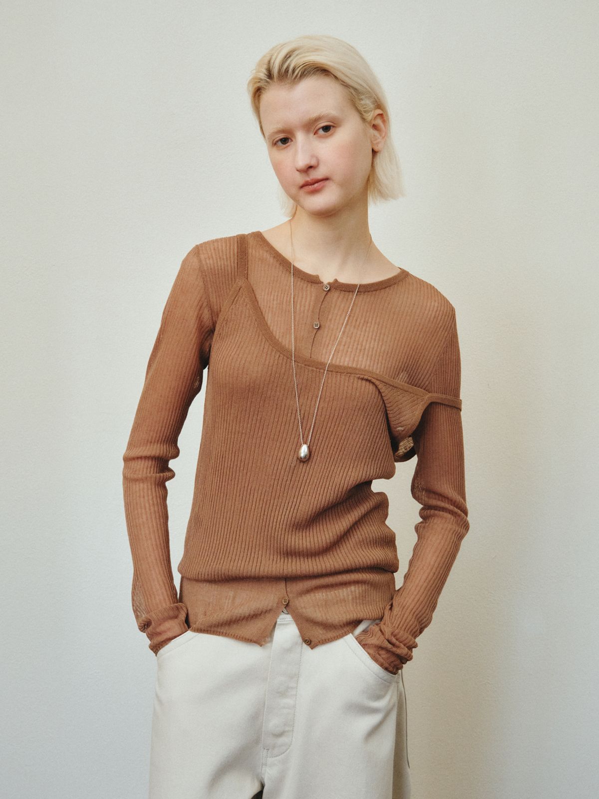 리플레인(REPLAIN) RIBBED LAYERED CARDIGAN SET_BROWN