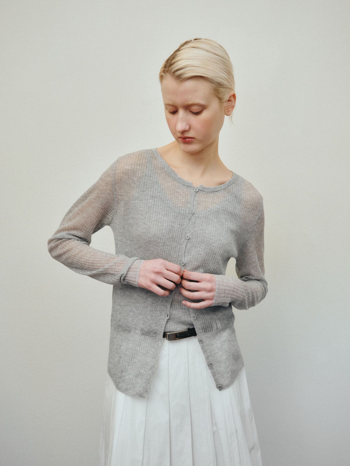 리플레인(REPLAIN) RIBBED LAYERED CARDIGAN SET_GREY