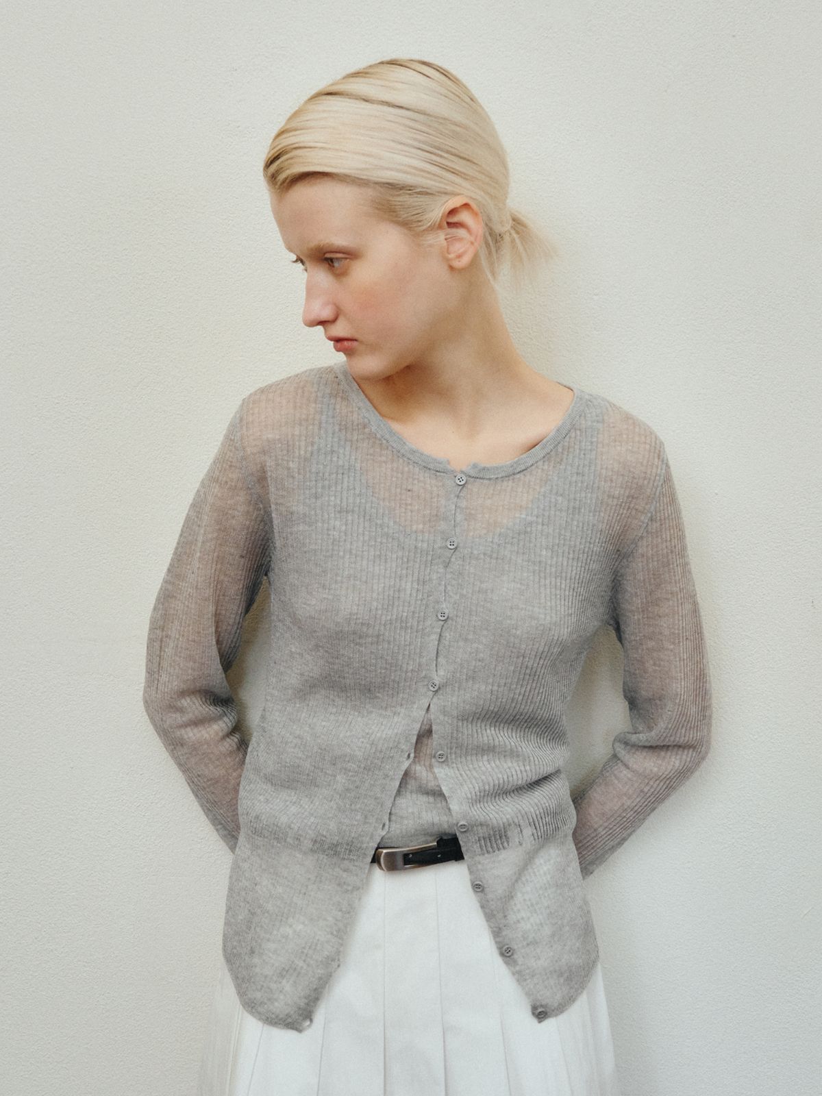 리플레인(REPLAIN) RIBBED LAYERED CARDIGAN SET_GREY