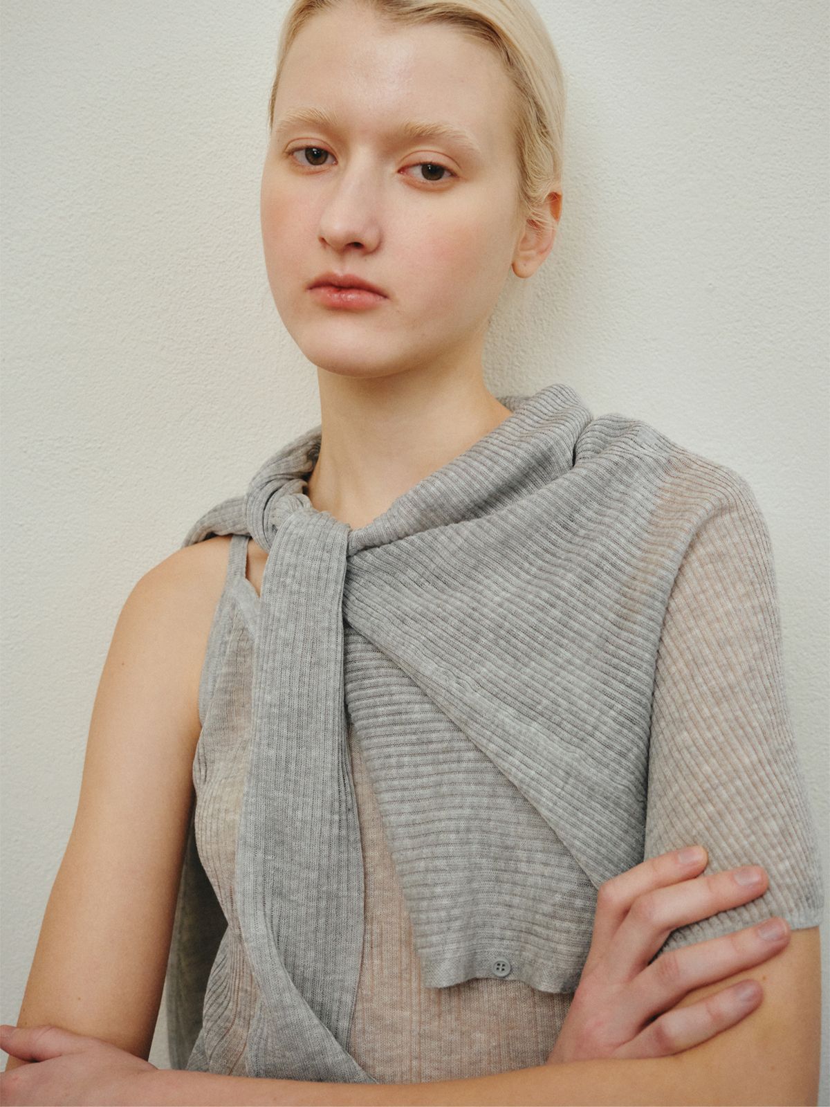 리플레인(REPLAIN) RIBBED LAYERED CARDIGAN SET_GREY