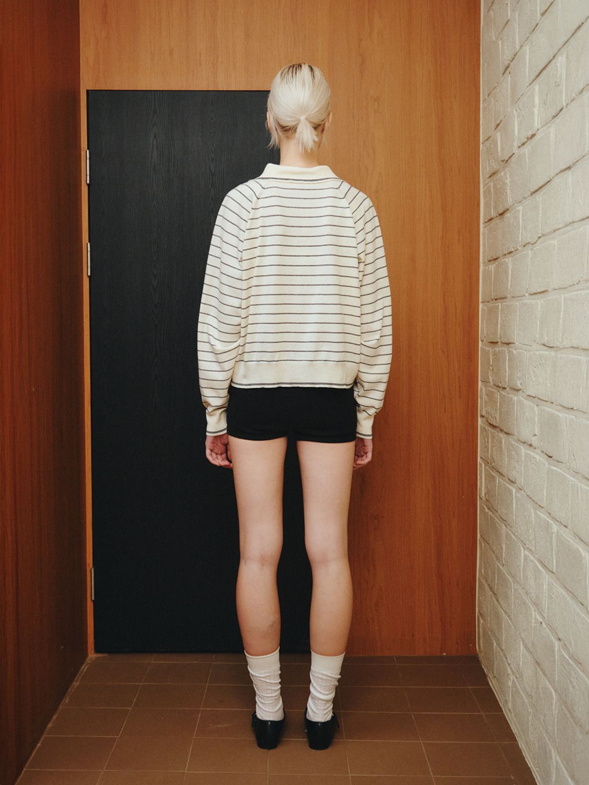 리플레인(REPLAIN) STRIPE COLLAR KNIT TOP_IVORY
