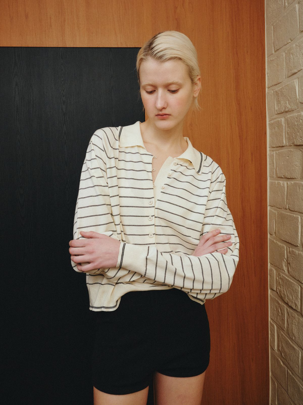 리플레인(REPLAIN) STRIPE COLLAR KNIT TOP_IVORY