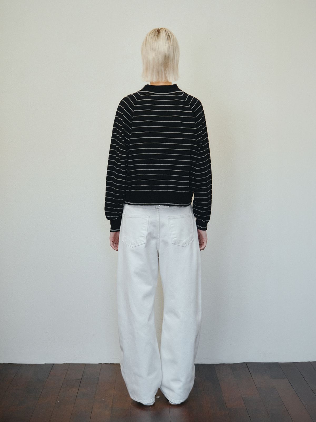 리플레인(REPLAIN) STRIPE COLLAR KNIT TOP_BLACK