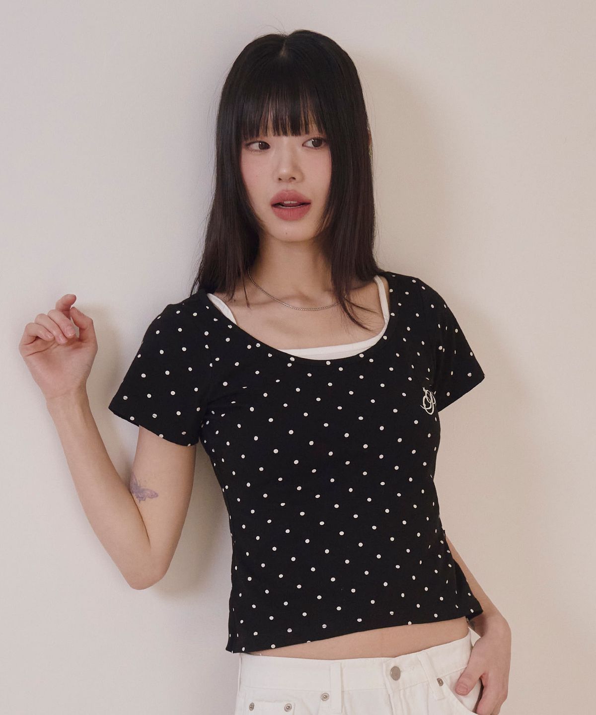 프렌다(PRENDA) DOT SHIRRING LAYERED TEE SET BLACK