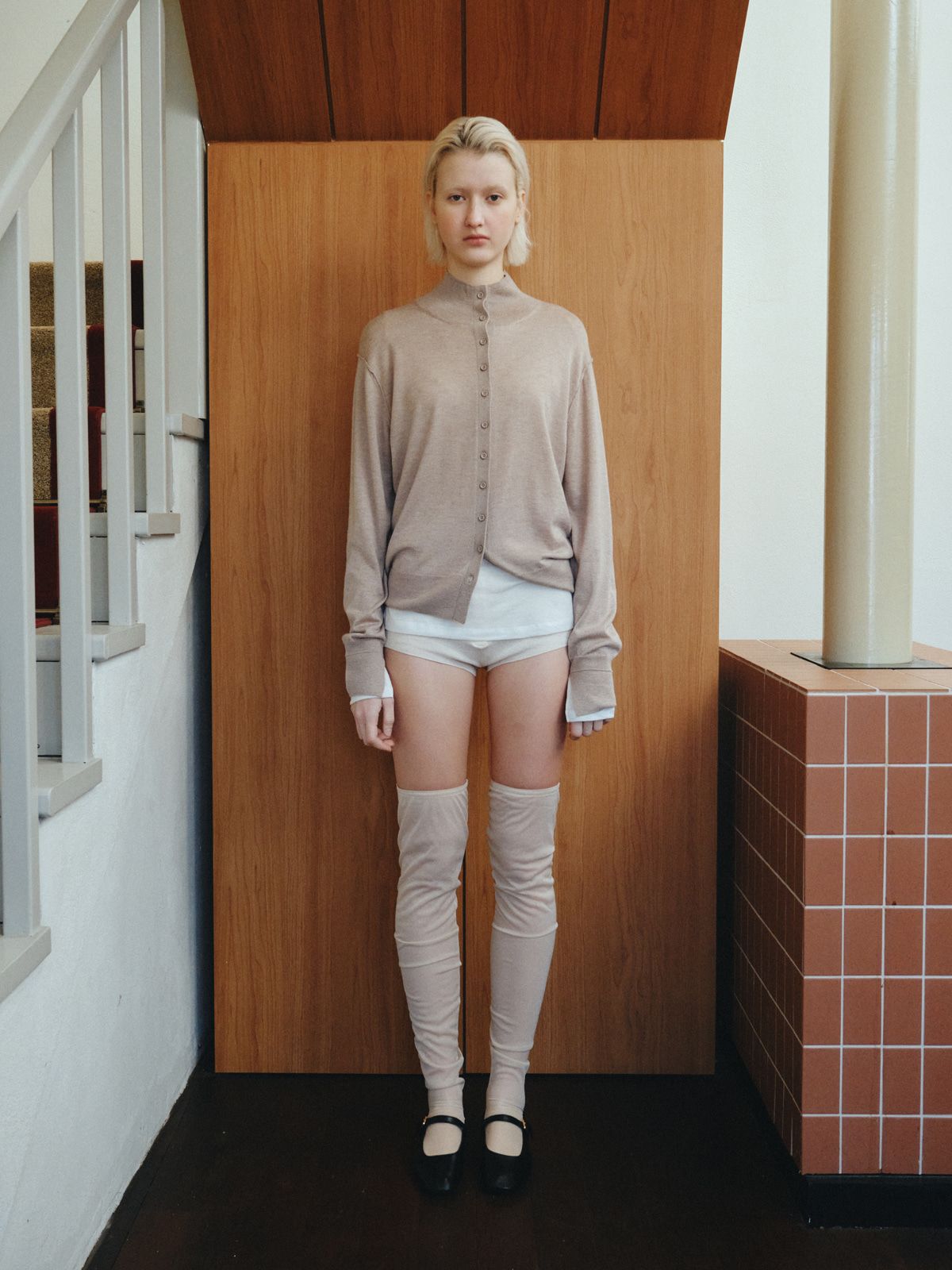 리플레인(REPLAIN) WOOL BLEND HIGH NECK CARDIGAN_BEIGE