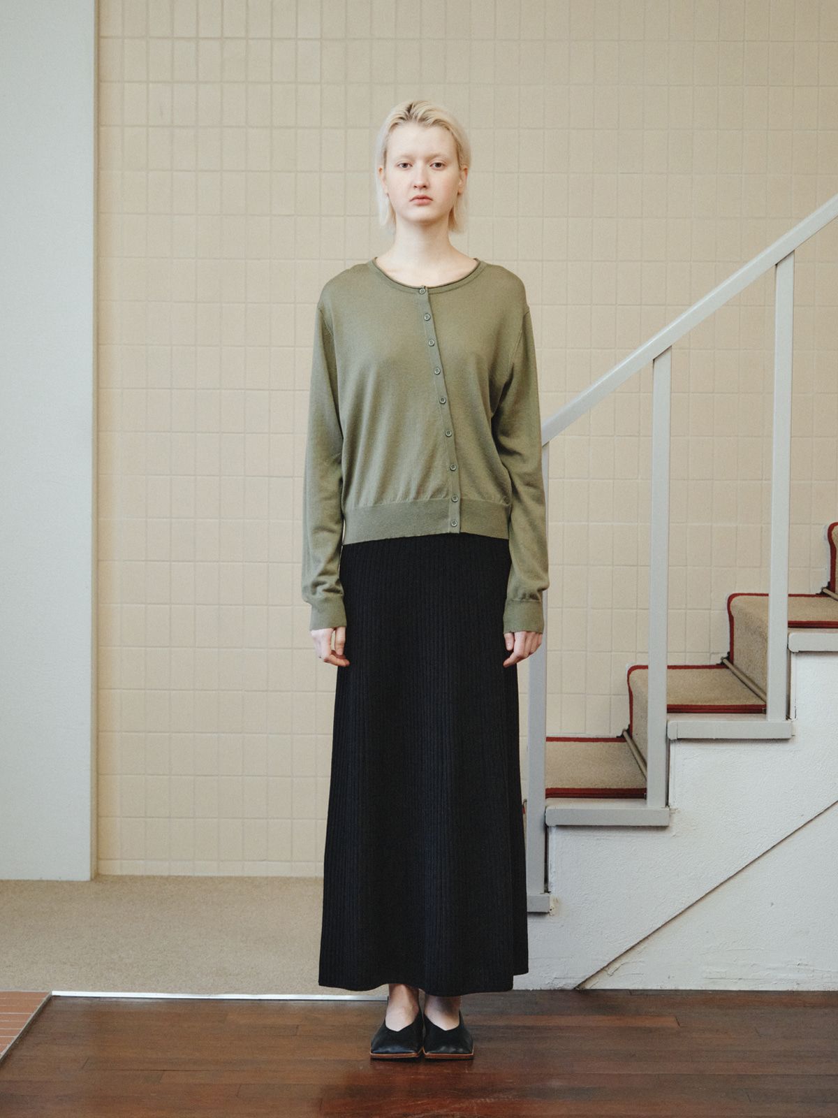 리플레인(REPLAIN) WOOL BLEND DIAGONAL CARDIGAN_KHAKI