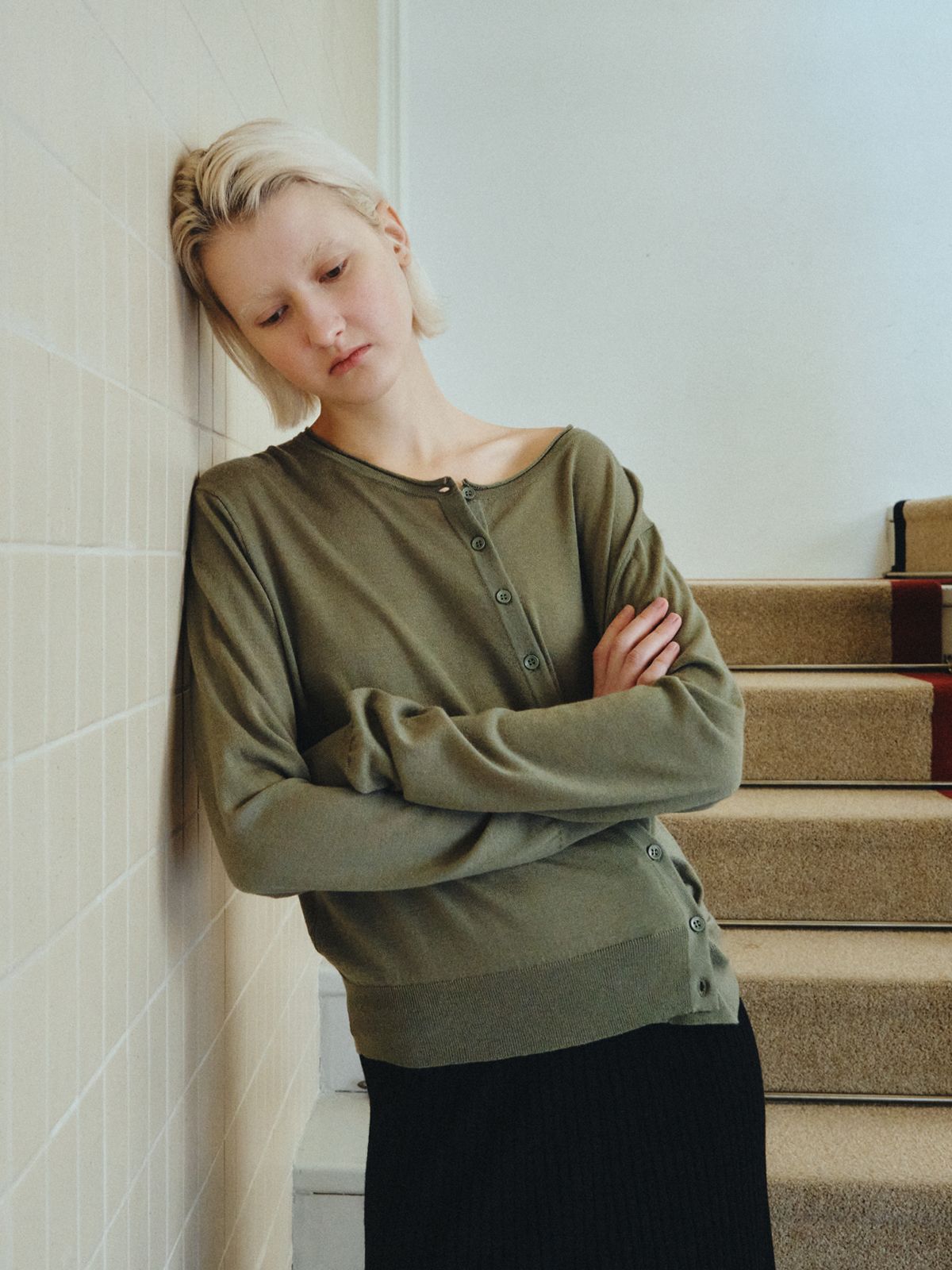 리플레인(REPLAIN) WOOL BLEND DIAGONAL CARDIGAN_KHAKI