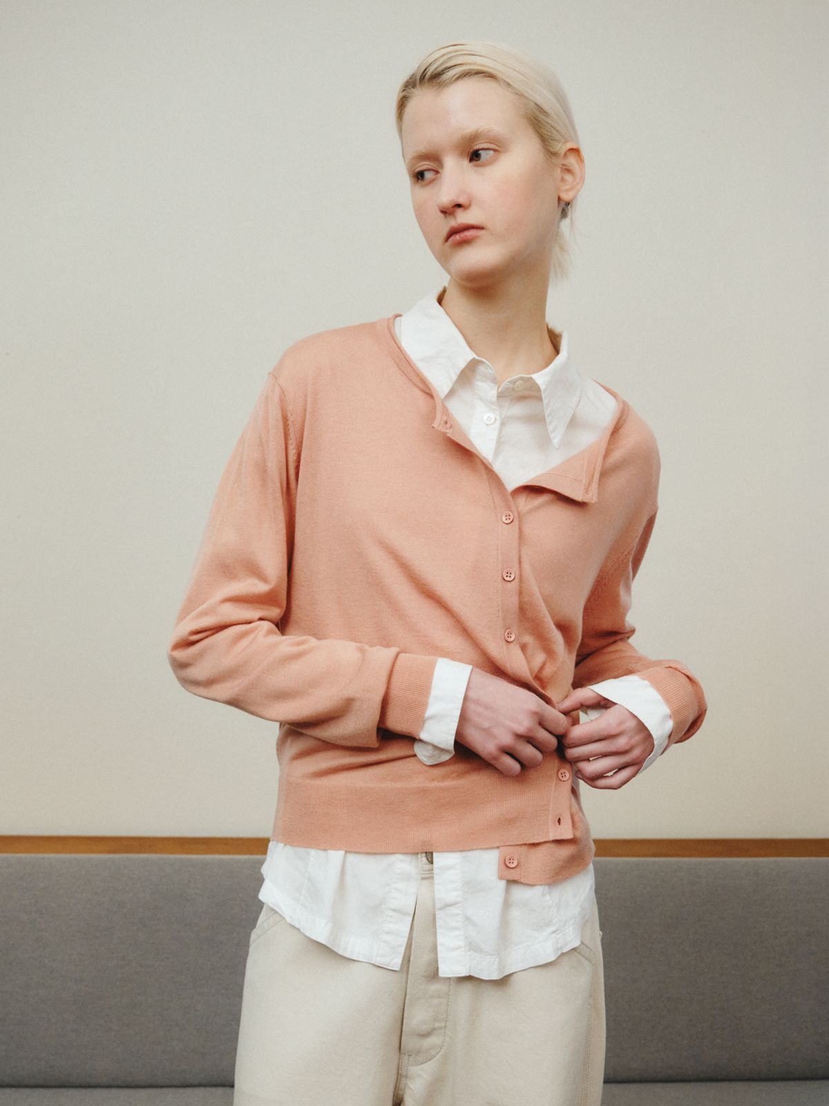 리플레인(REPLAIN) WOOL BLEND DIAGONAL CARDIGAN_SALMON