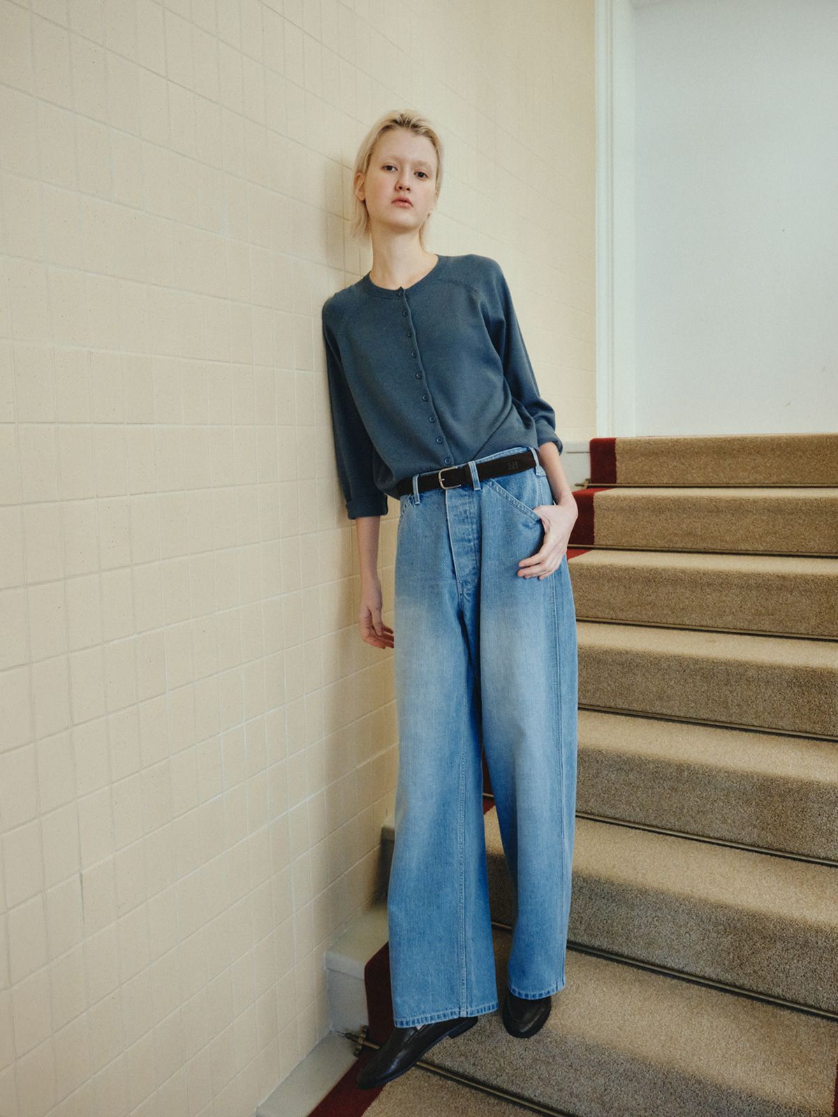 리플레인(REPLAIN) WOOL ROUND CARDIGAN_SMOKE BLUE