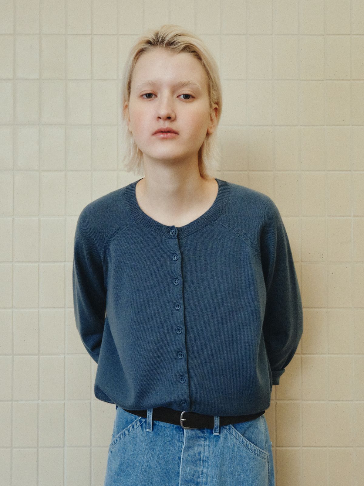 리플레인(REPLAIN) WOOL ROUND CARDIGAN_SMOKE BLUE