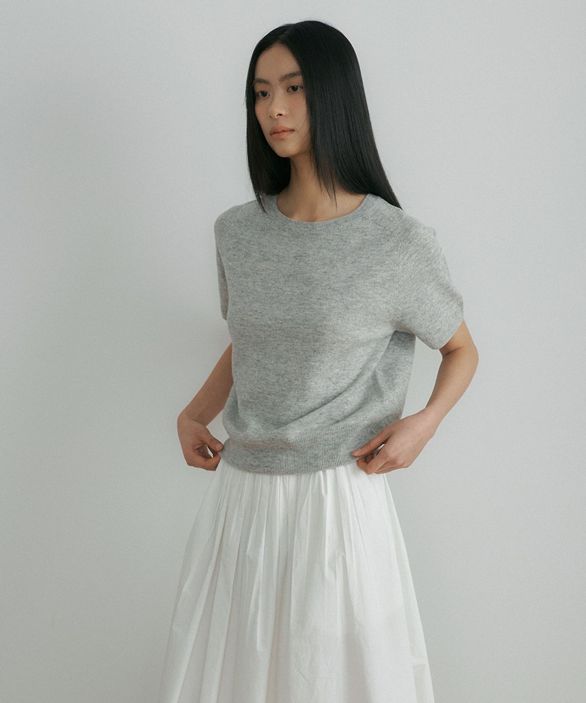 링서울(LINGSEOUL) wool round neck half sleeve knit top-melange