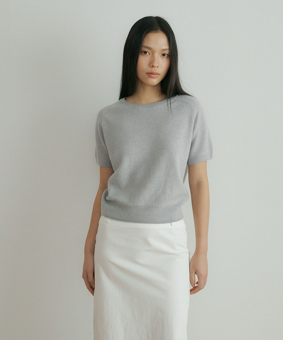 링서울(LINGSEOUL) wool round neck half sleeve knit top-sky blue