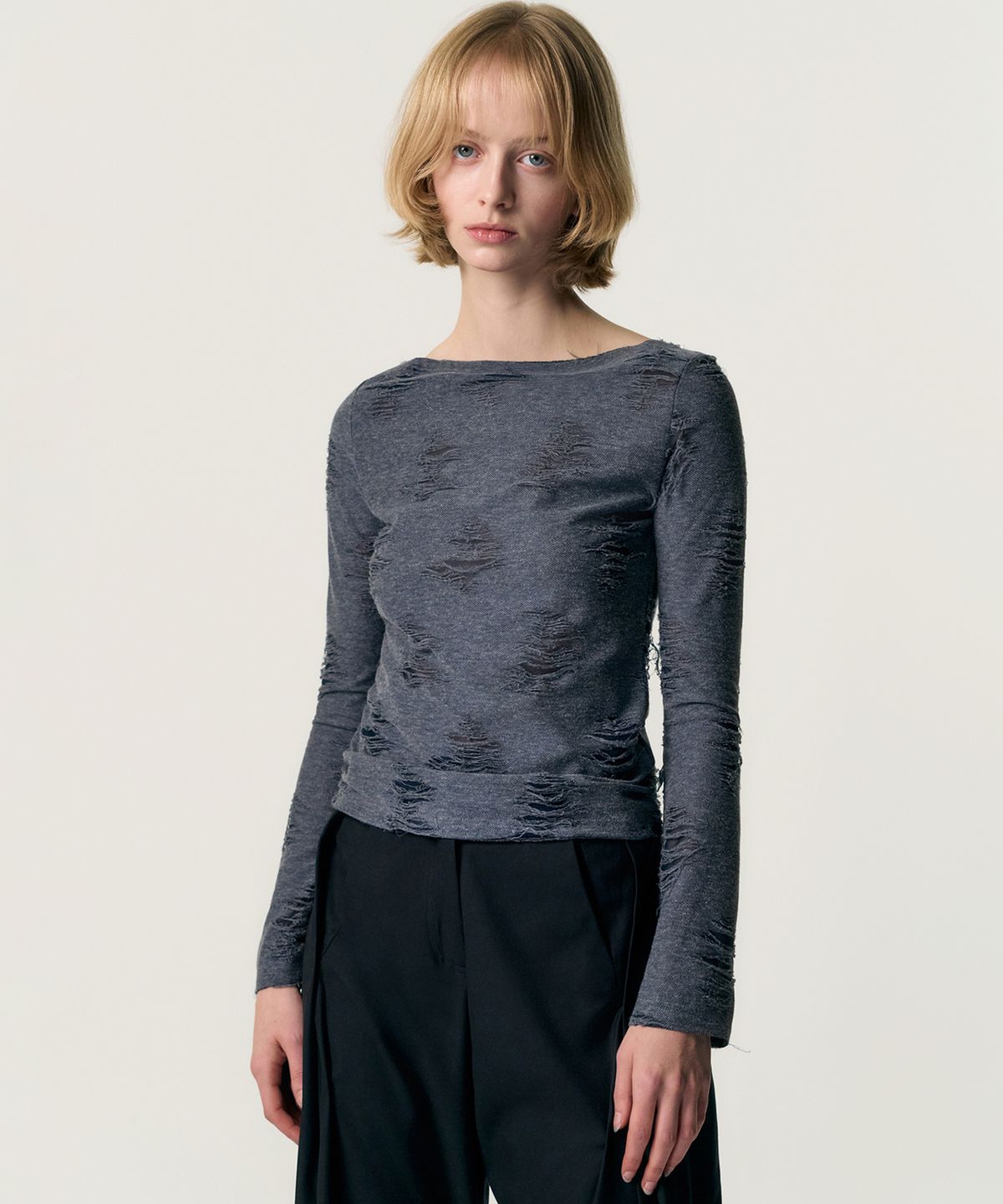 킴지수(KIMZISU) Distressed Cowl Neck T-shirt_BLUE