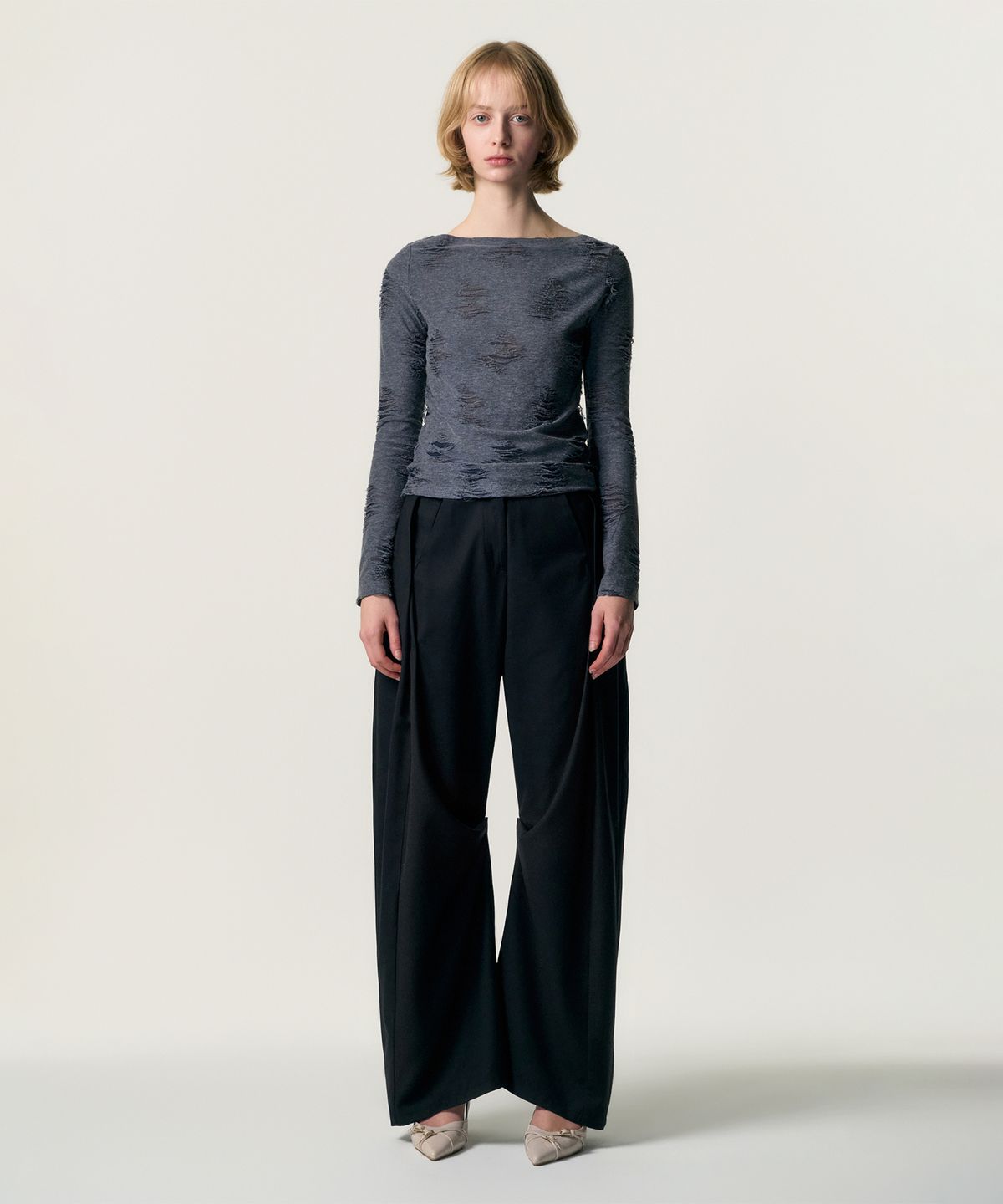 킴지수(KIMZISU) Distressed Cowl Neck T-shirt_BLUE