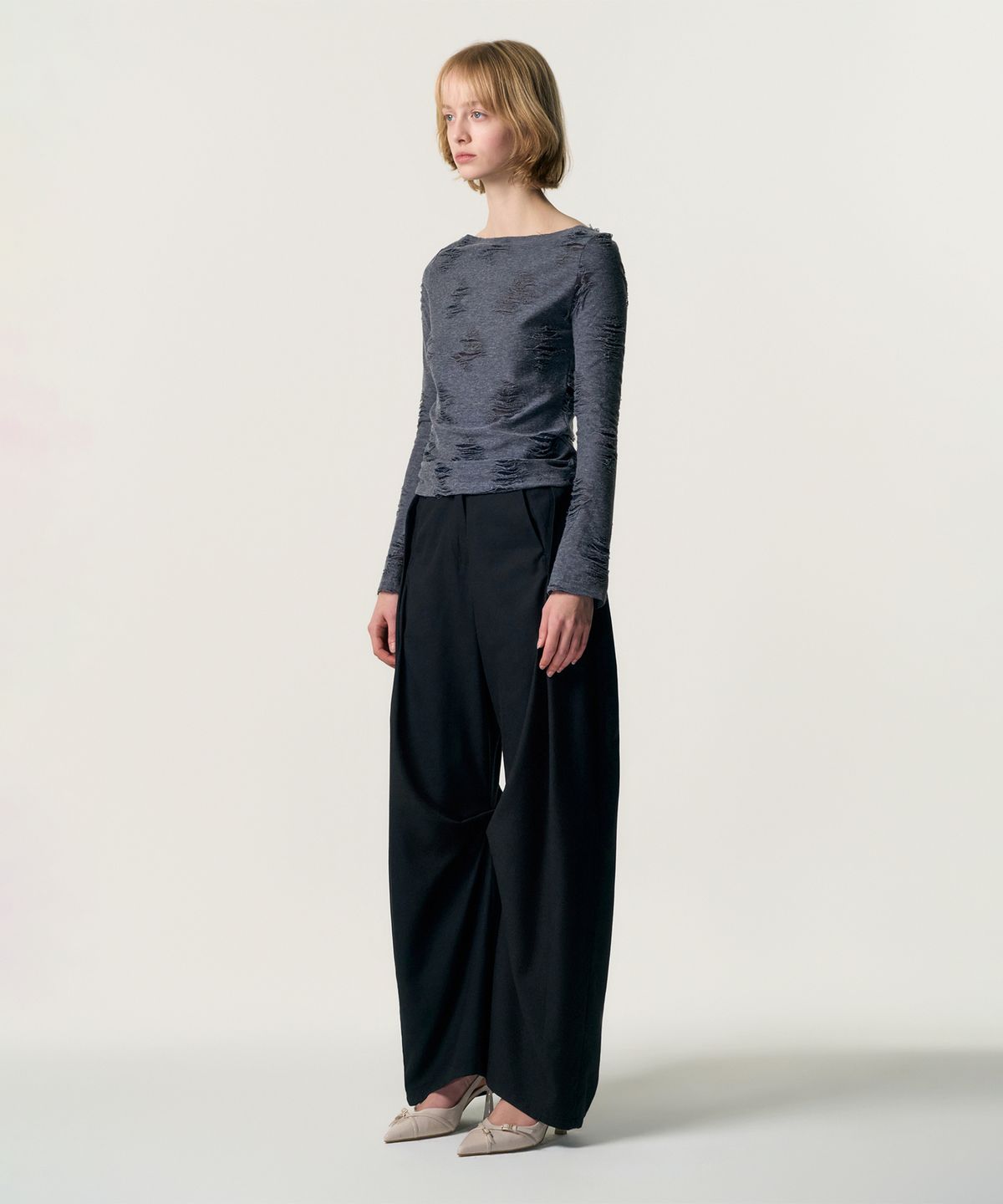 킴지수(KIMZISU) Distressed Cowl Neck T-shirt_BLUE