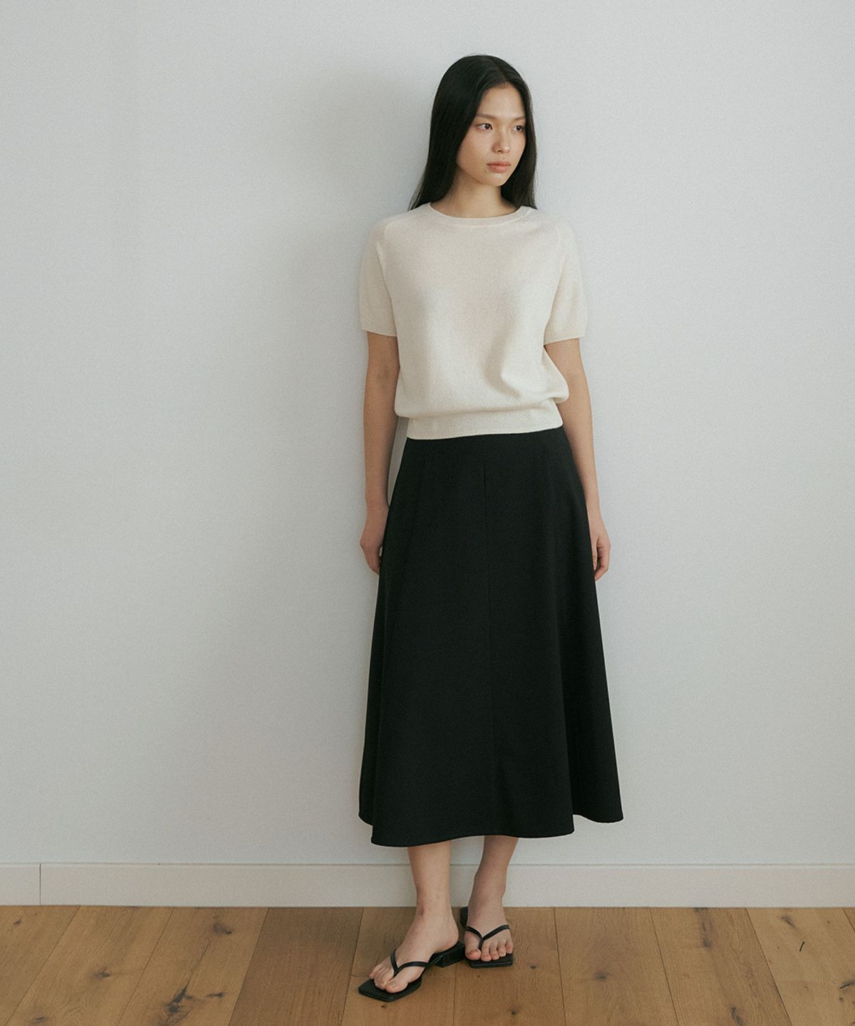 링서울(LINGSEOUL) wool round neck half sleeve knit top-cream