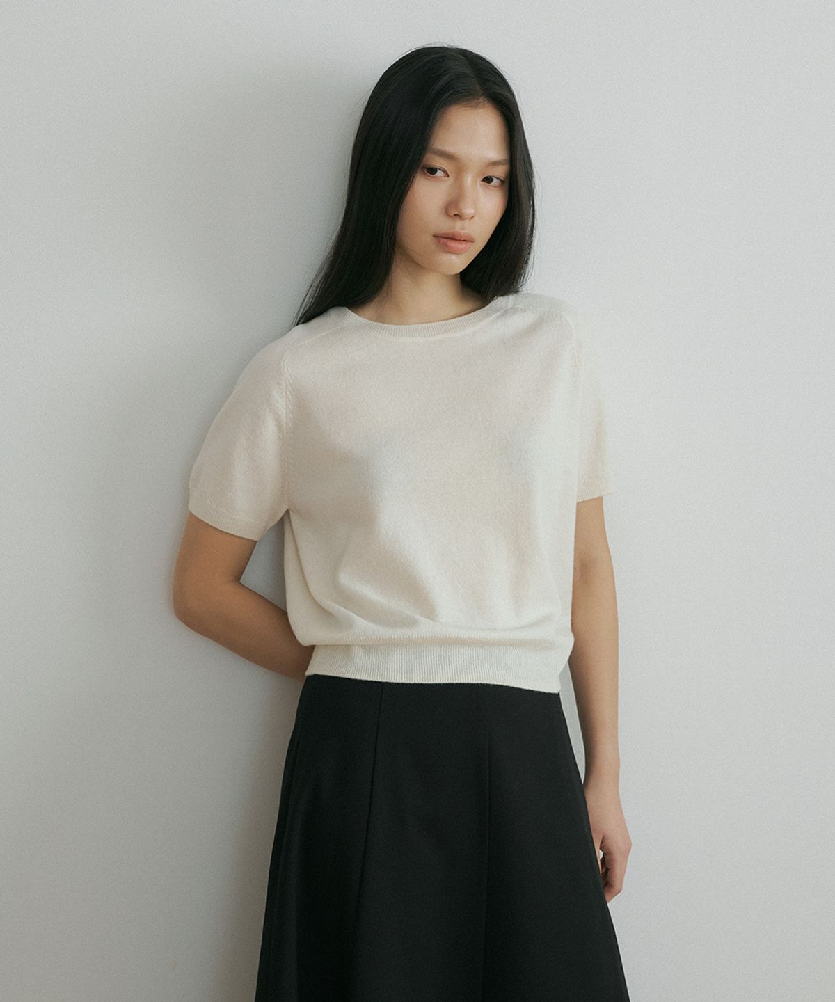 링서울(LINGSEOUL) wool round neck half sleeve knit top-cream