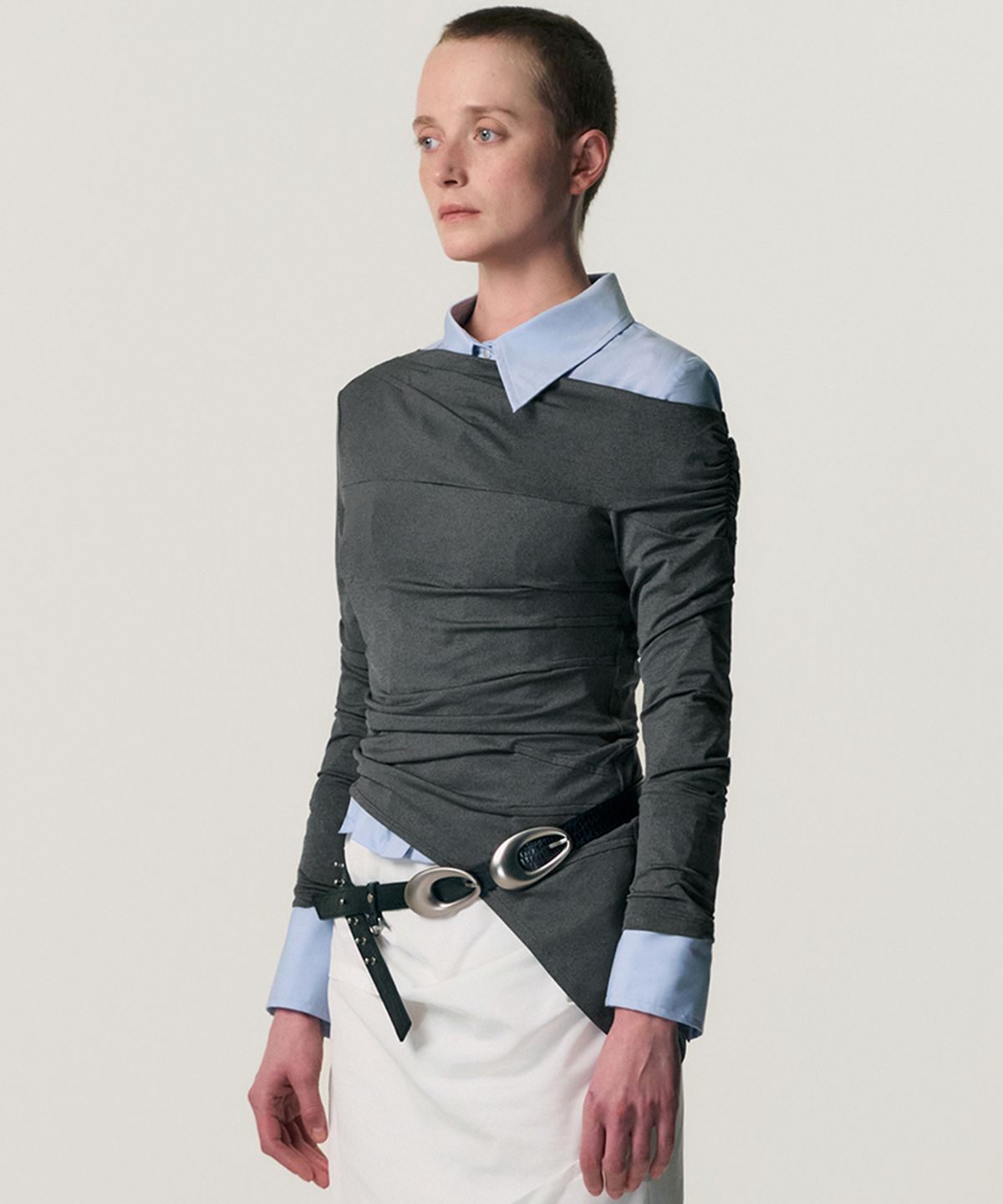 킴지수(KIMZISU) [Ver.2] One Shoulder Draped Jersey Top_GREY