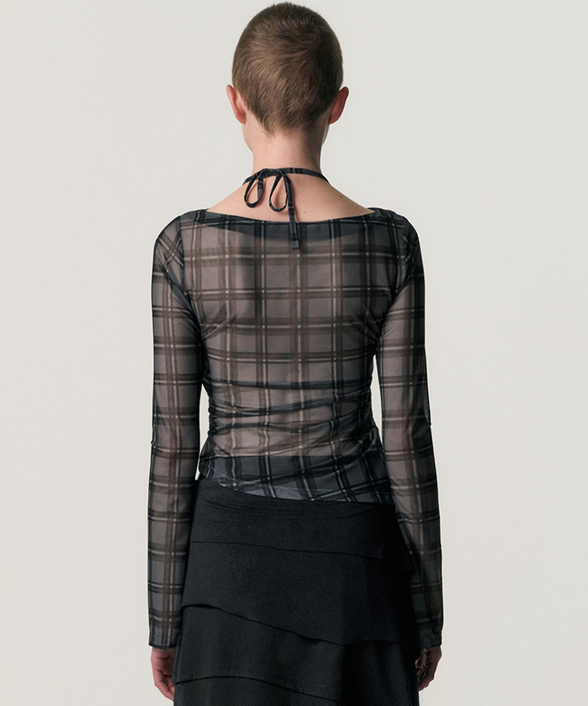 킴지수(KIMZISU) Sheer Plaid Shirring T-shirt_GREY