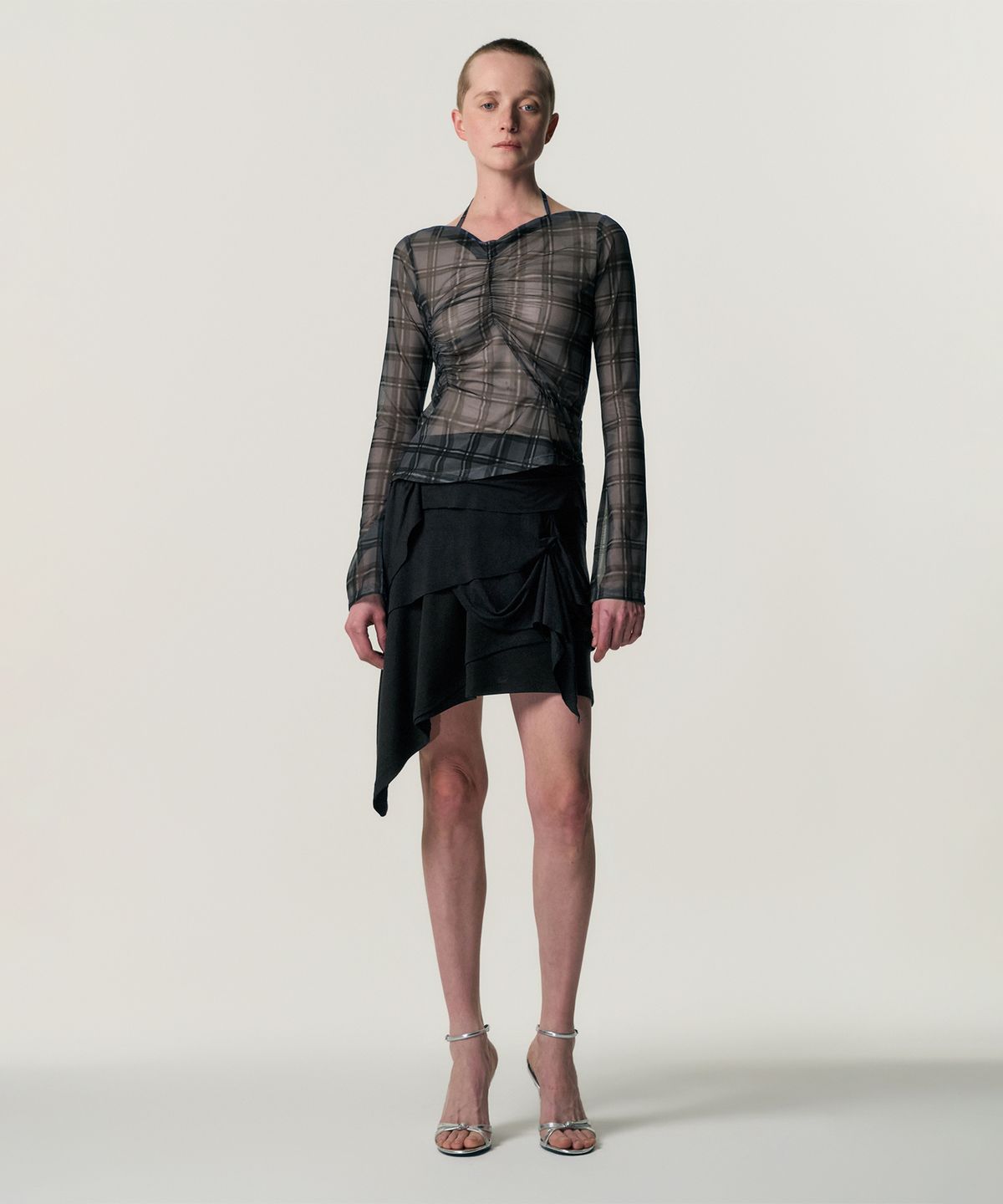 킴지수(KIMZISU) Sheer Plaid Shirring T-shirt_GREY