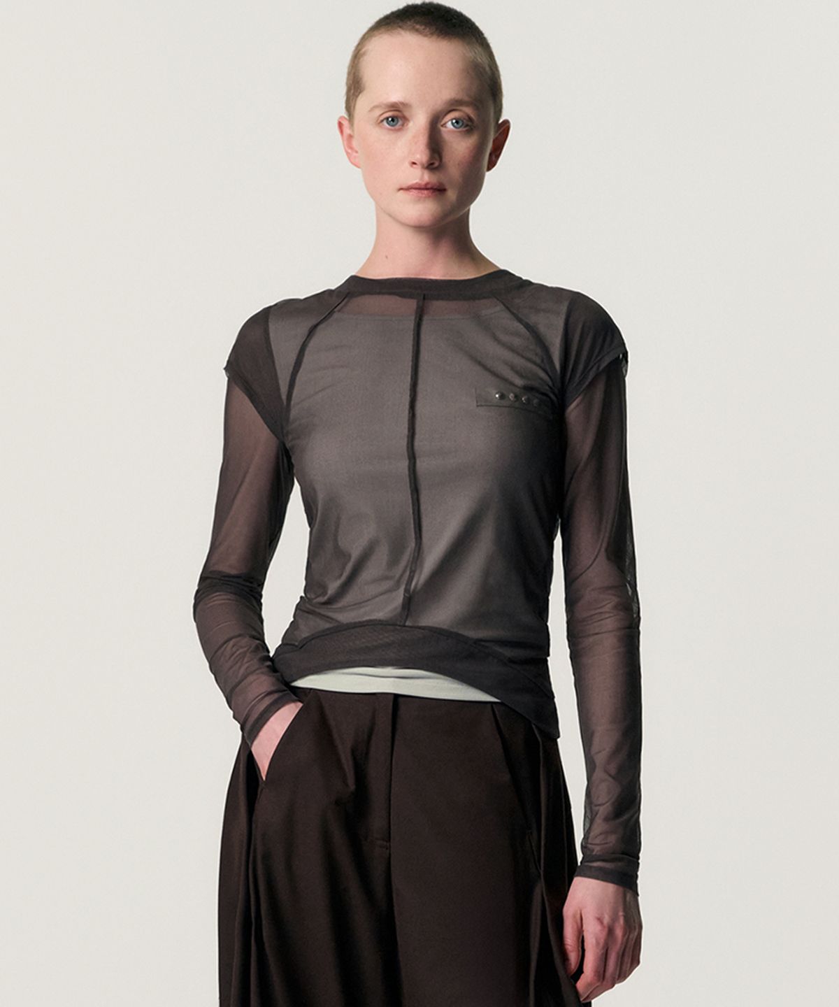 킴지수(KIMZISU) Veiled Mesh Shell LS T-shirt_BROWN