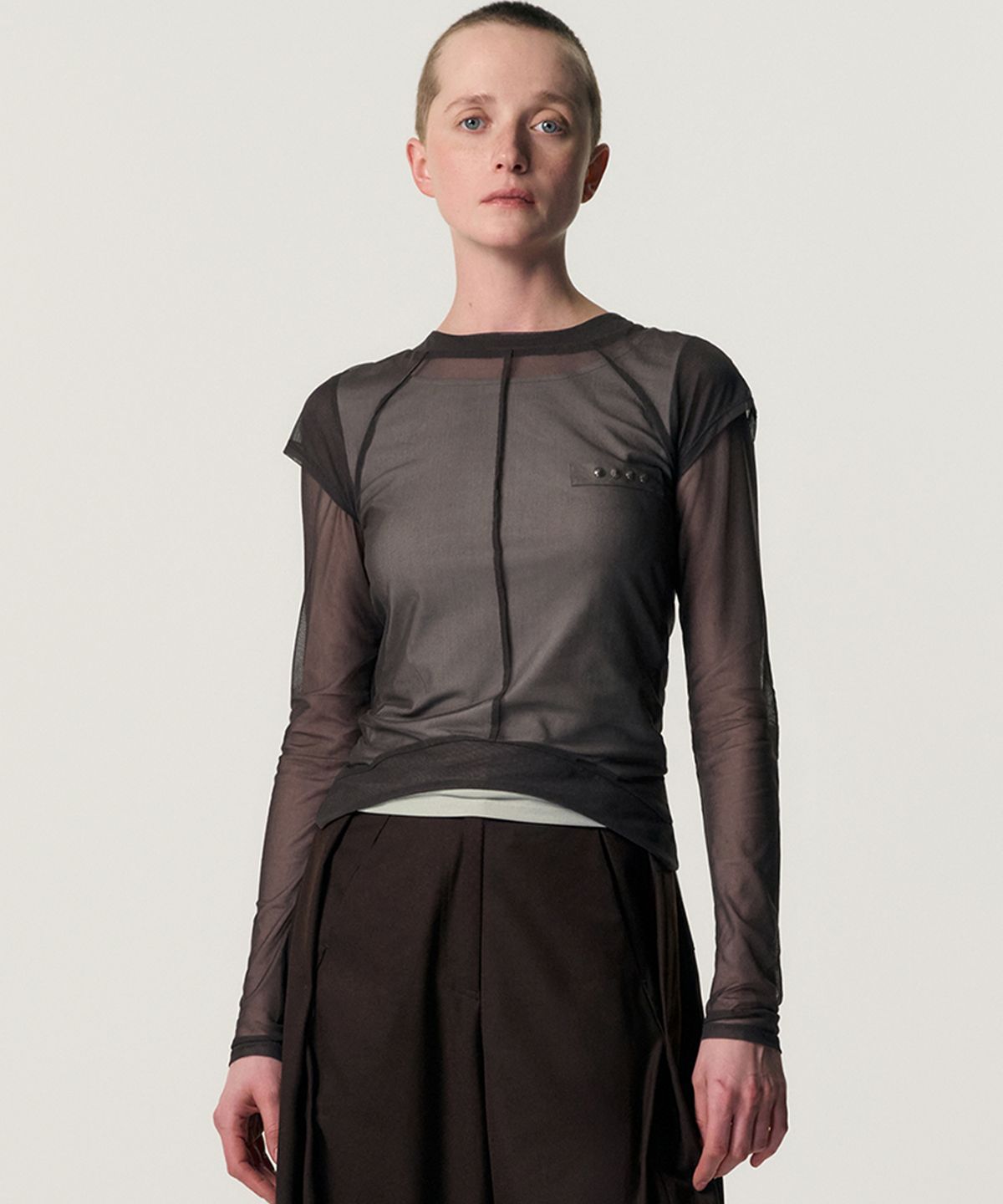 킴지수(KIMZISU) Veiled Mesh Shell LS T-shirt_BROWN