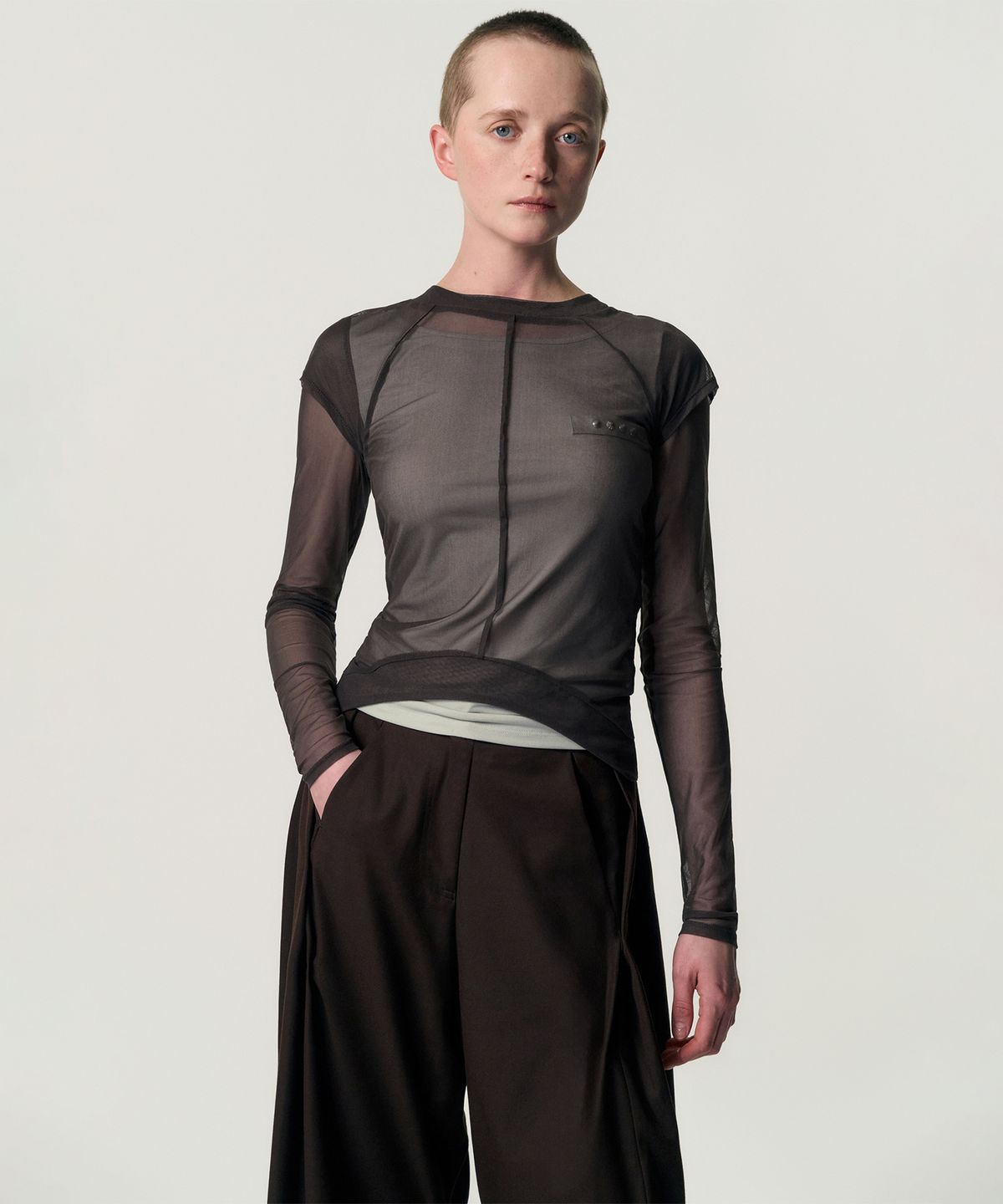 킴지수(KIMZISU) Veiled Mesh Shell LS T-shirt_BROWN