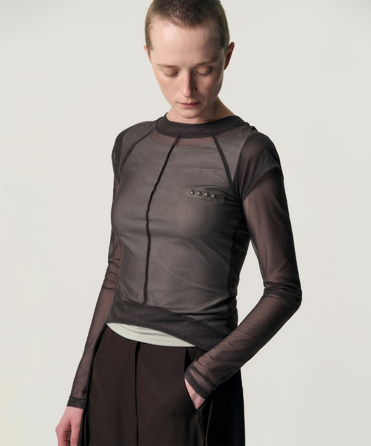 킴지수(KIMZISU) Veiled Mesh Shell LS T-shirt_BROWN