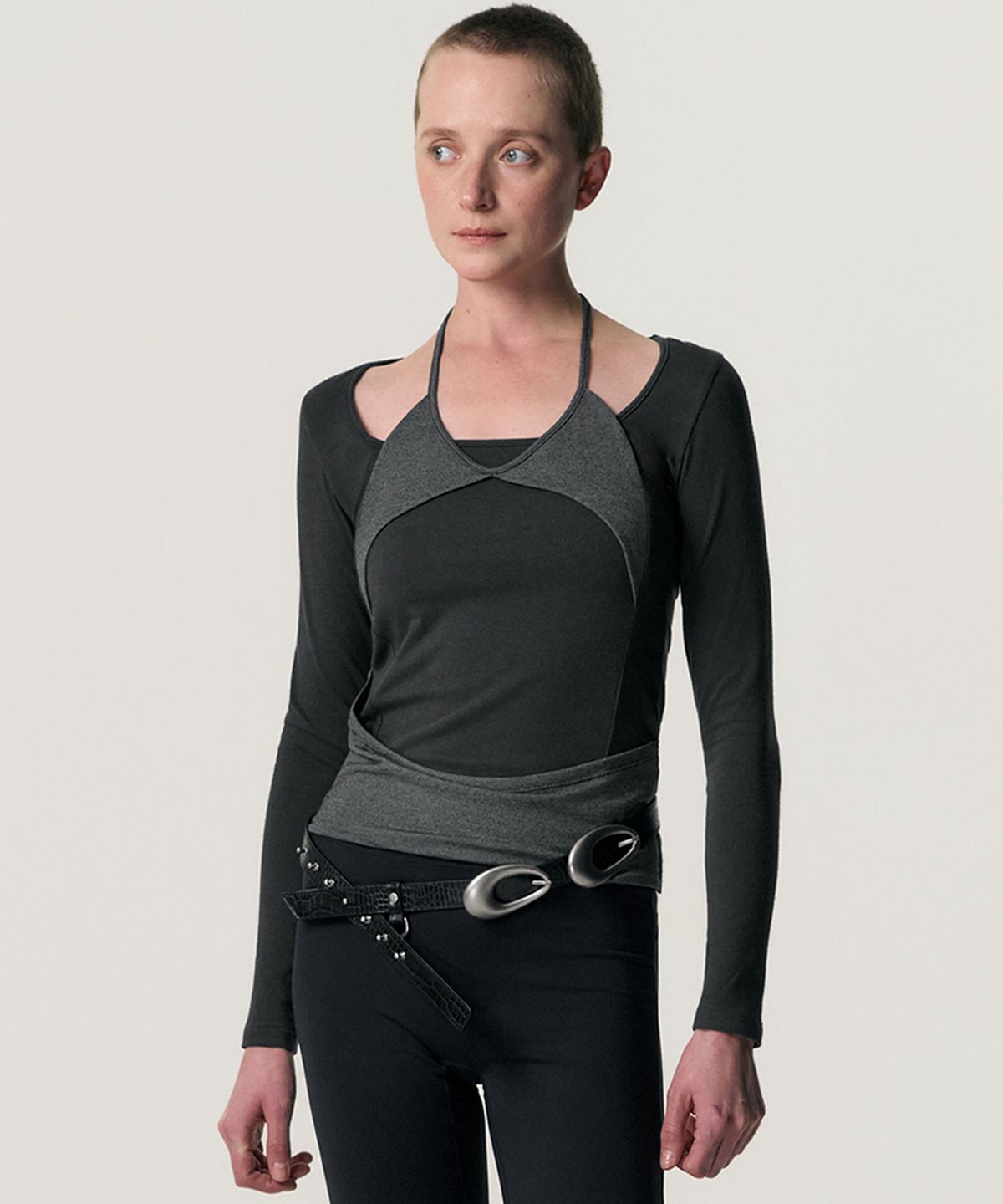 킴지수(KIMZISU) Overlaid Soft-Cut T-shirt_DARK GREY