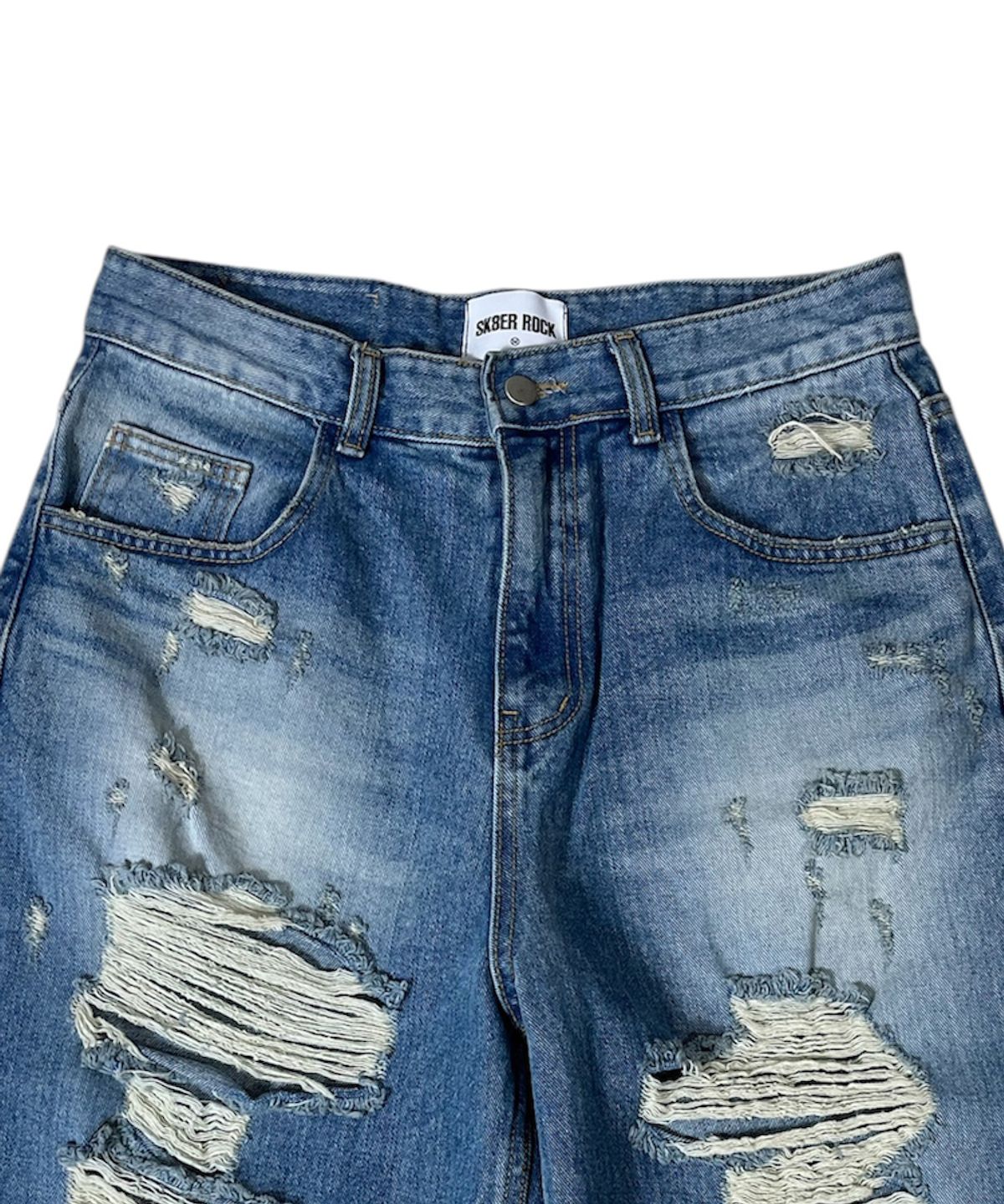 스케이터락(SK8ER ROCK) Destroyed Denim Cropped Wide Pants ((blue))