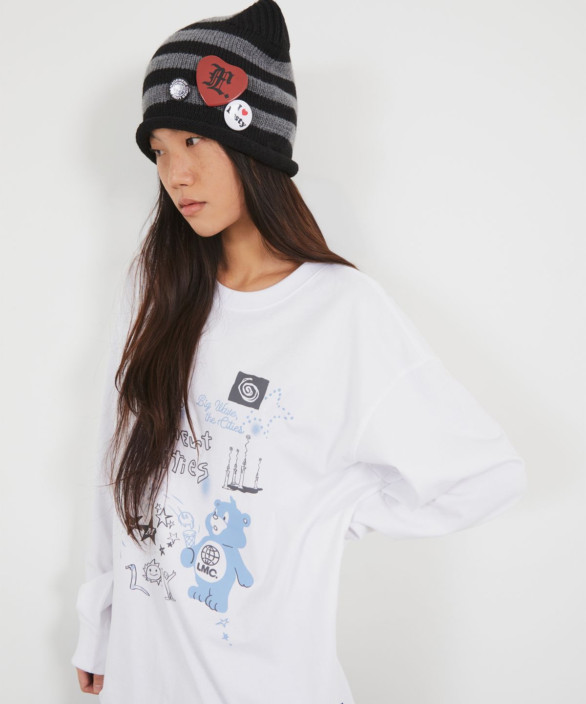 엘엠씨(LMC) DOODLE BEAR COLLAGE LONG SLV TEE ivory