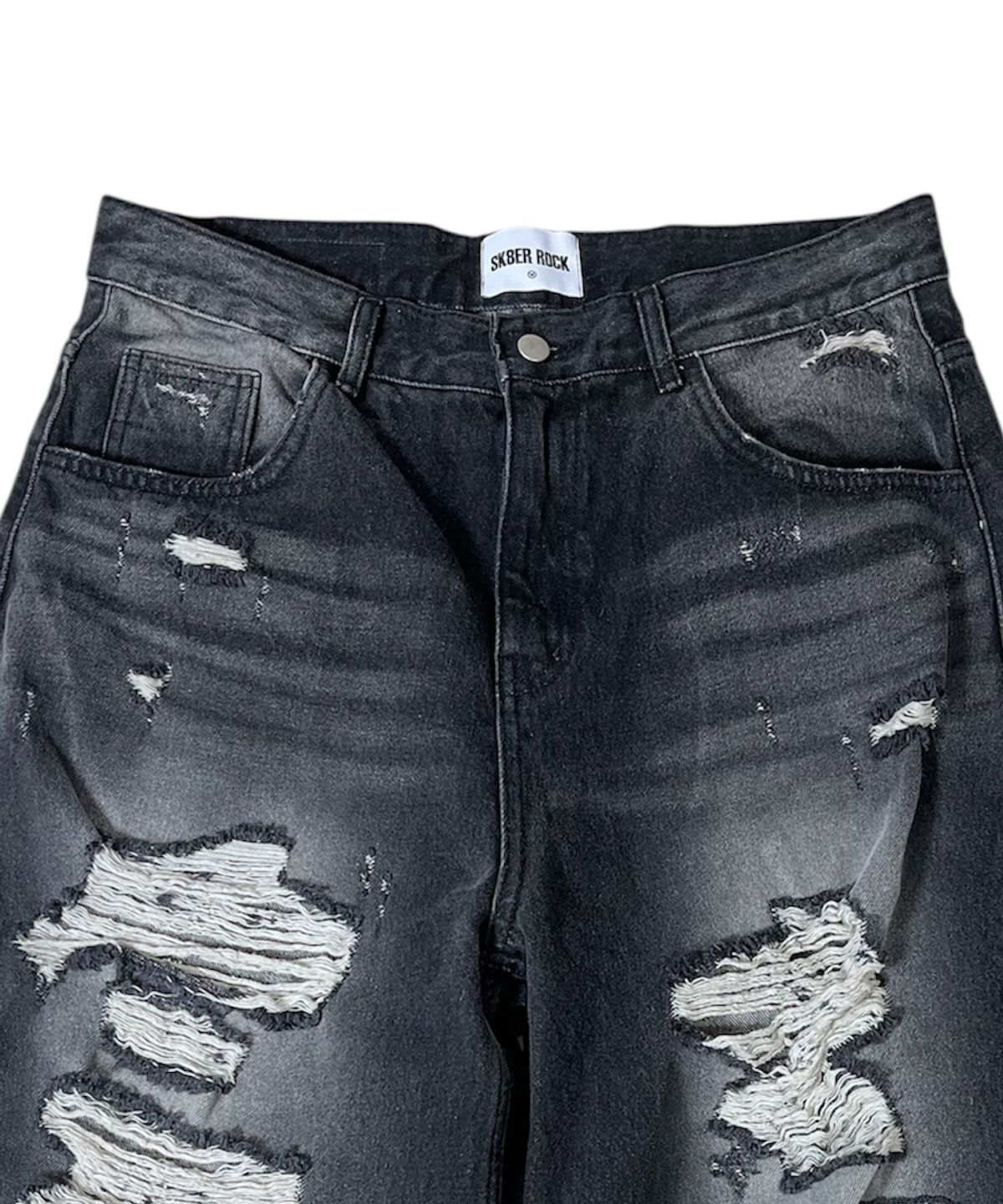스케이터락(SK8ER ROCK) Destroyed Denim Cropped Wide Pants ((black))