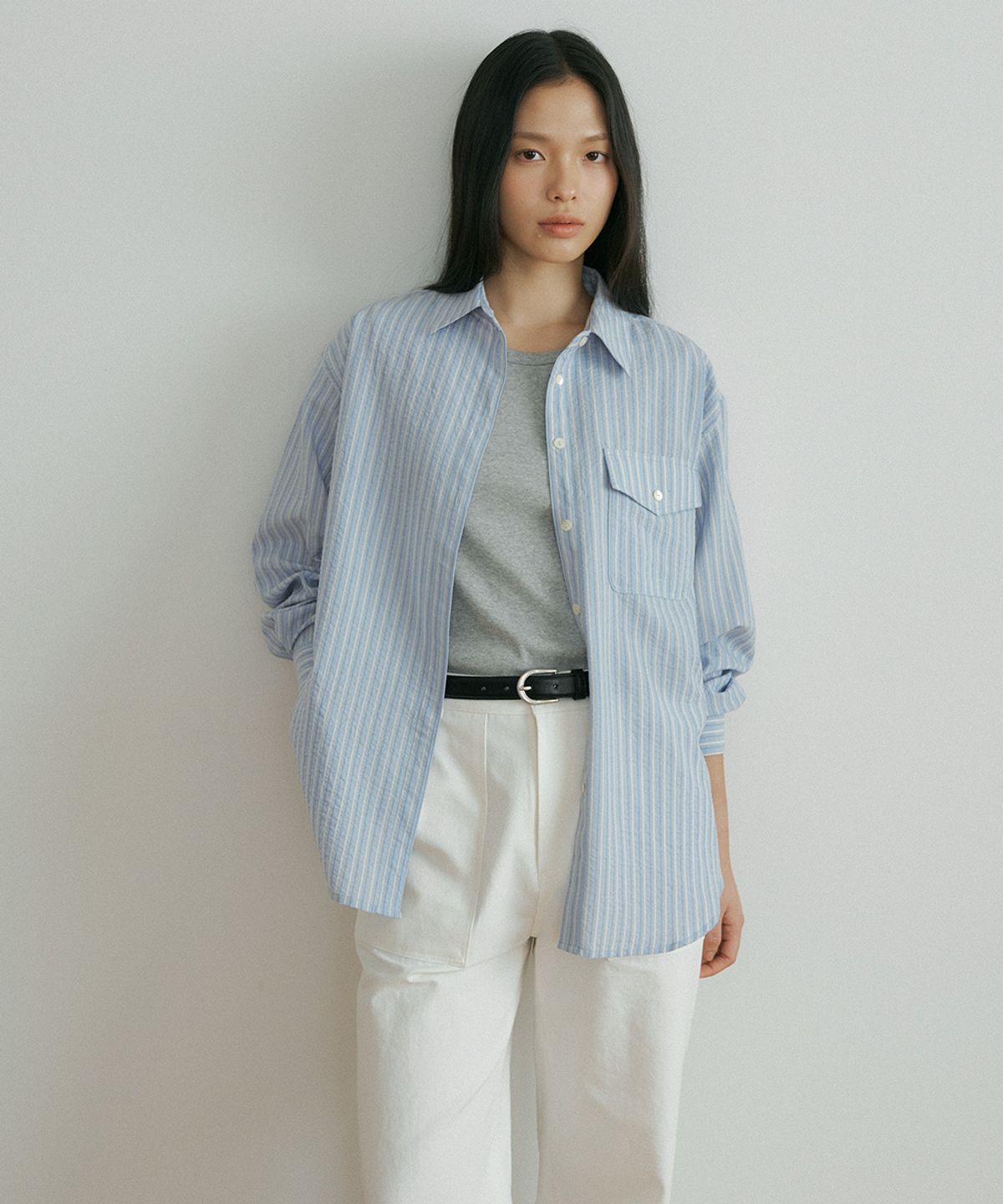 링서울(LINGSEOUL) stripe pocket shirt-sky blue