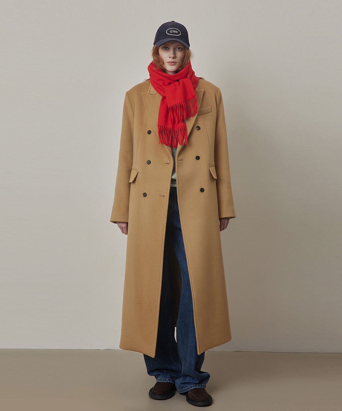 퀸스래빗(Q'SRB) Classic Wool Double Breasted Long Coat-CAMEL