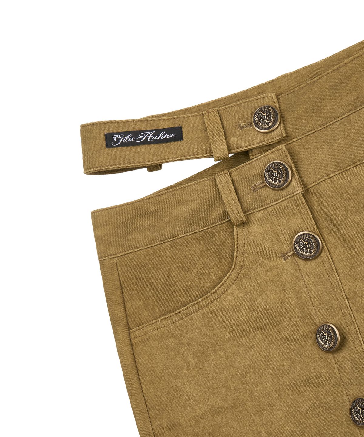 길라아카이브(GILAARCHIVE) CUT OUT DOUBLE WAIST BUTTON SKIRTS_KHAKI