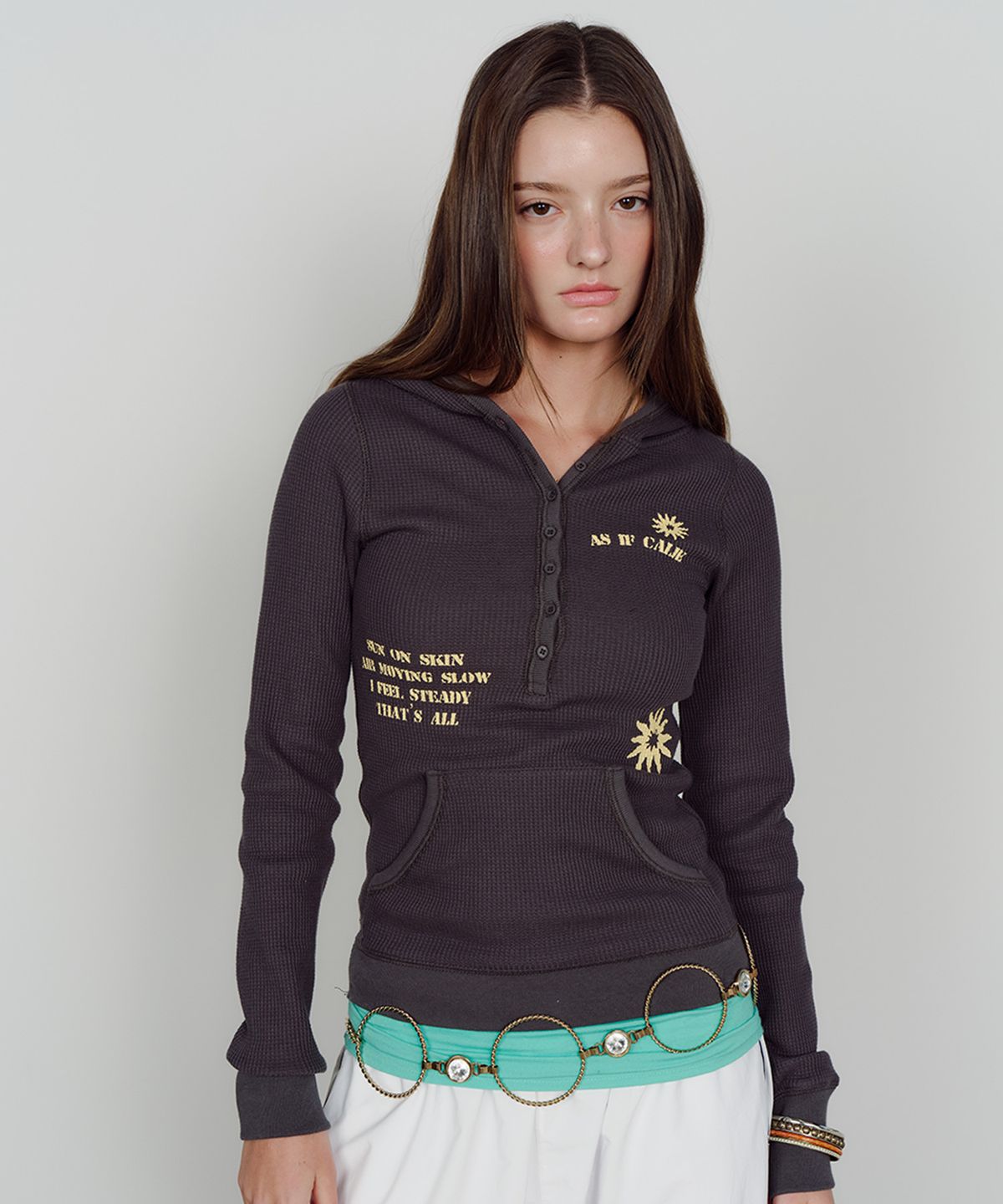 에즈이프 캘리(ASIF CALIE) WAFFLE HOODIE BUTTON LONG SLEEVE CHARCOAL