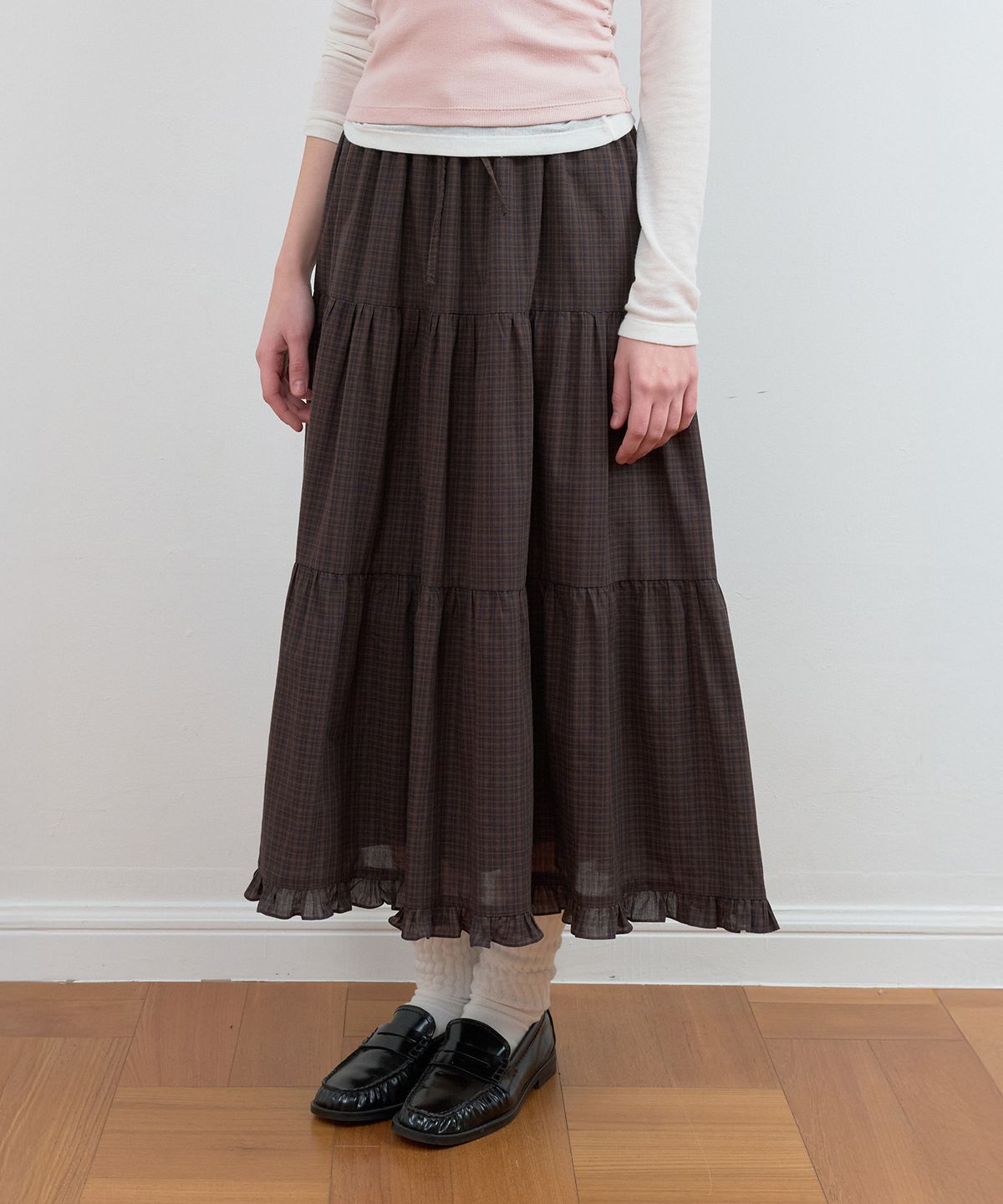 로라로라(ROLAROLA) CHECK TIERED LONG SKIRT BROWN