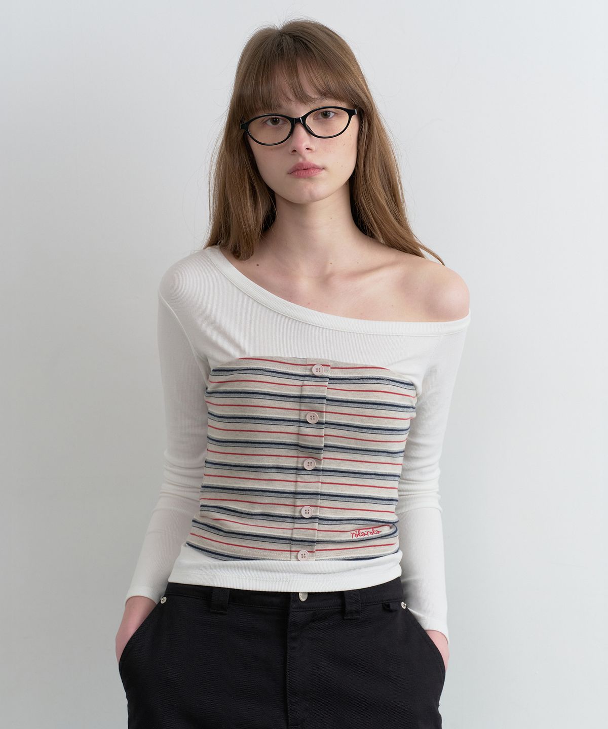 로라로라(ROLAROLA) STRIPE BUTTON BUSTIER LAYERED LONG SLEEVE WH+GY